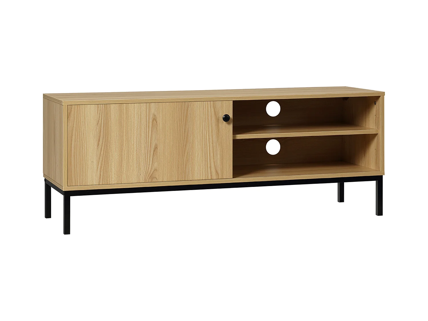 Meuble TV banc TV design industriel - porte coulissante, 2 niches, 2 passe-fils - piètement métal noir panneaux aspect bois clair