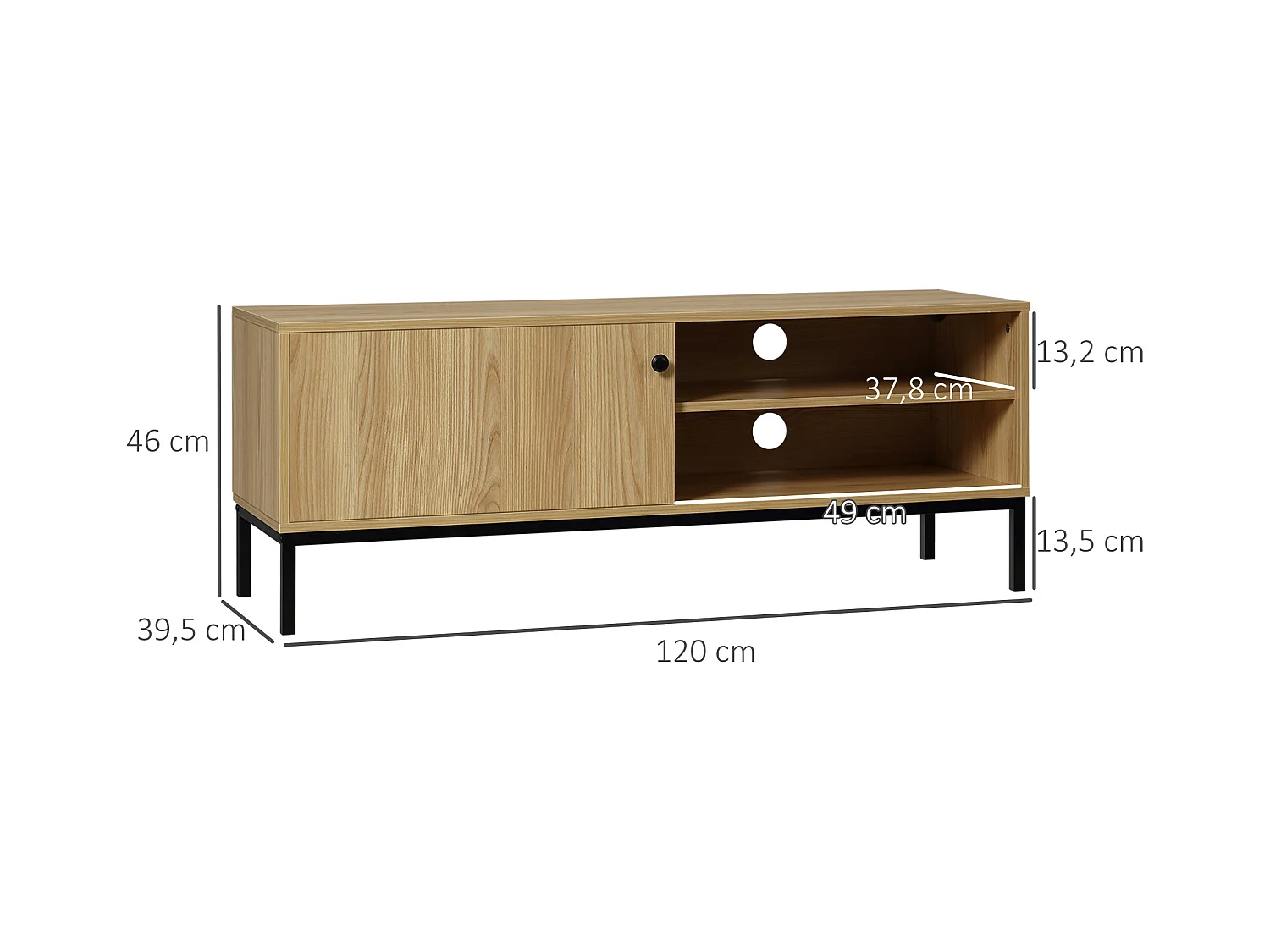 Meuble TV banc TV design industriel - porte coulissante, 2 niches, 2 passe-fils - piètement métal noir panneaux aspect bois clair