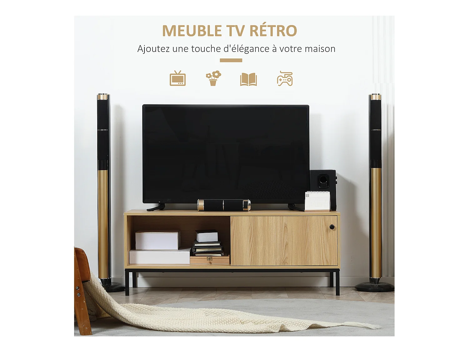 Meuble TV banc TV design industriel - porte coulissante, 2 niches, 2 passe-fils - piètement métal noir panneaux aspect bois clair
