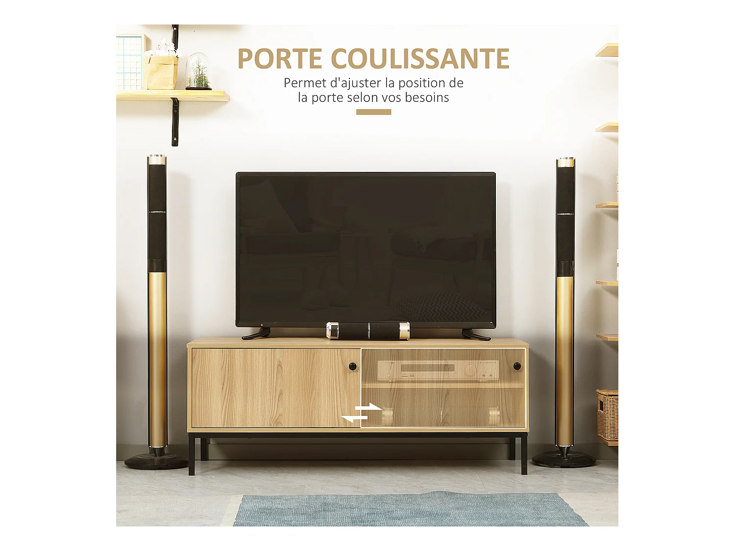 Meuble TV banc TV design industriel - porte coulissante, 2 niches, 2 passe-fils - piètement métal noir panneaux aspect bois clair
