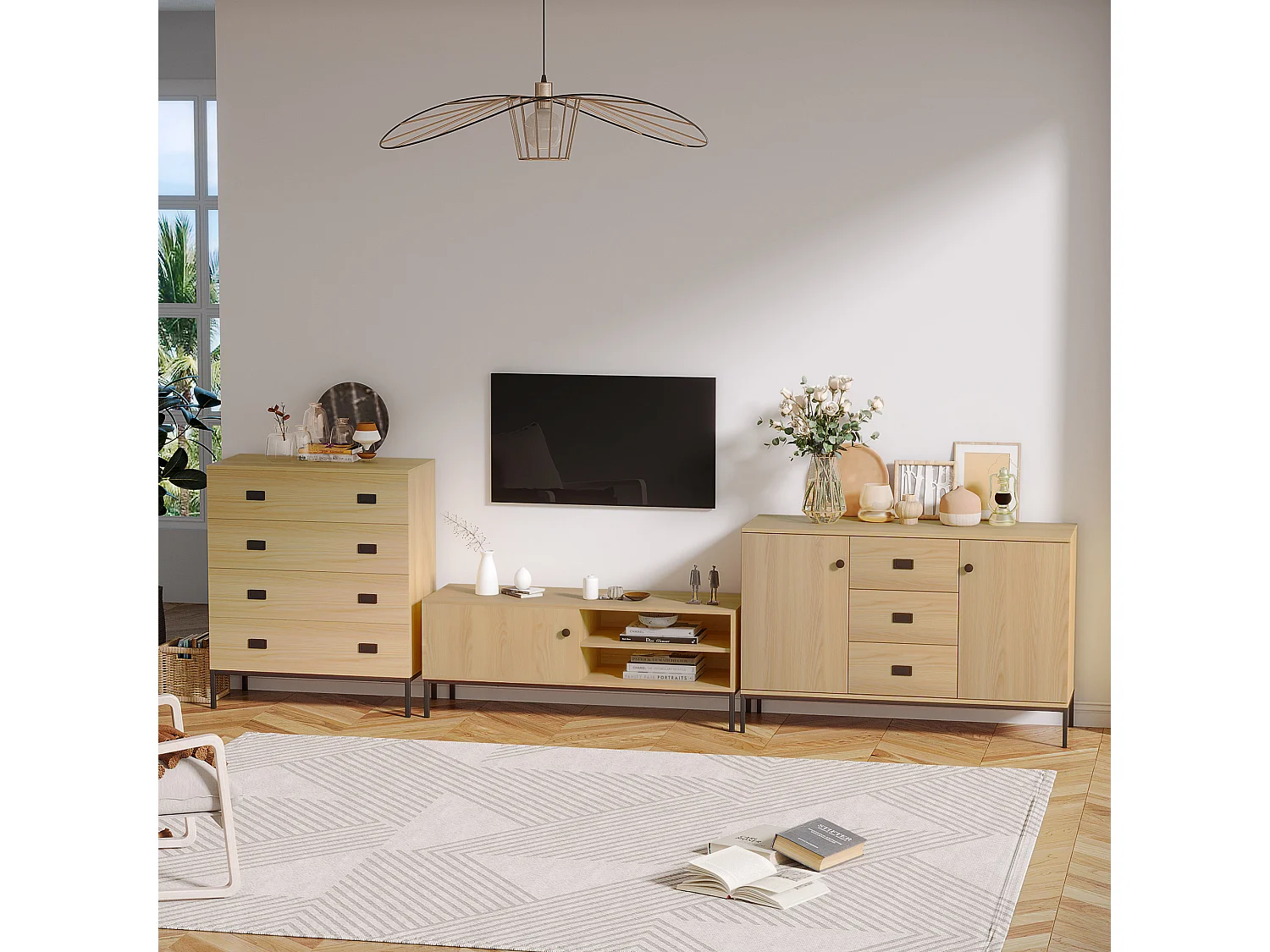 Meuble TV banc TV design industriel - porte coulissante, 2 niches, 2 passe-fils - piètement métal noir panneaux aspect bois clair