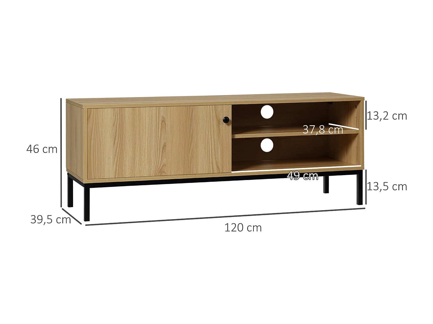Meuble TV banc TV design industriel - porte coulissante, 2 niches, 2 passe-fils - piètement métal noir panneaux aspect bois clair