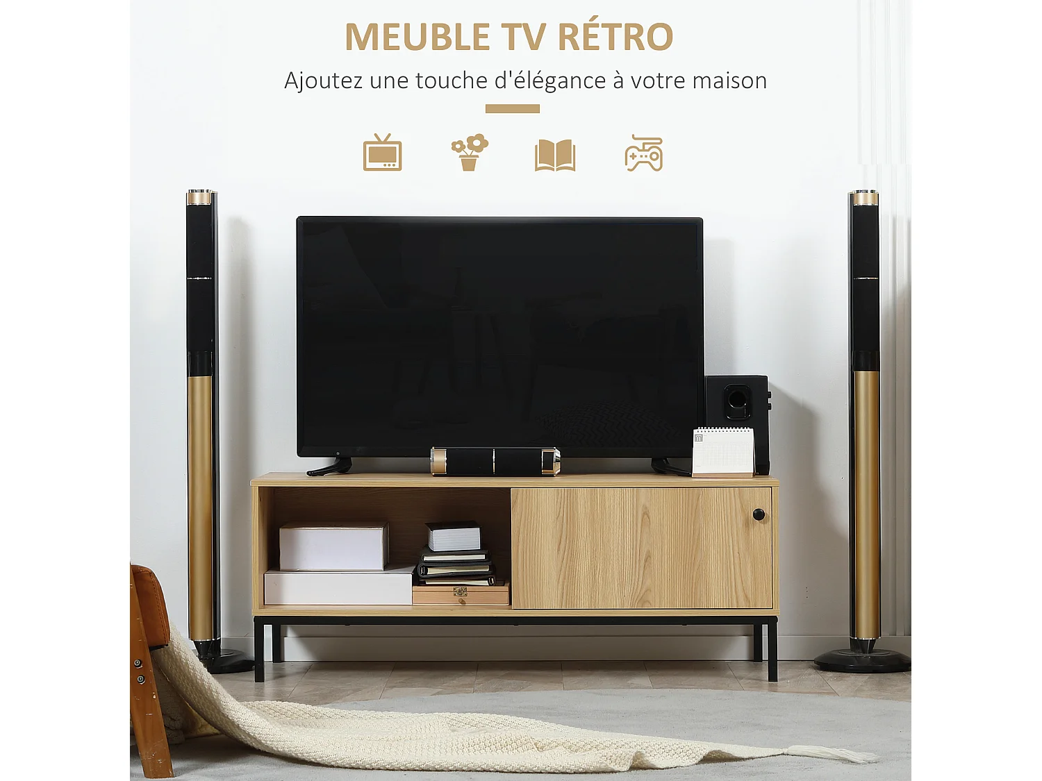 Meuble TV banc TV design industriel - porte coulissante, 2 niches, 2 passe-fils - piètement métal noir panneaux aspect bois clair