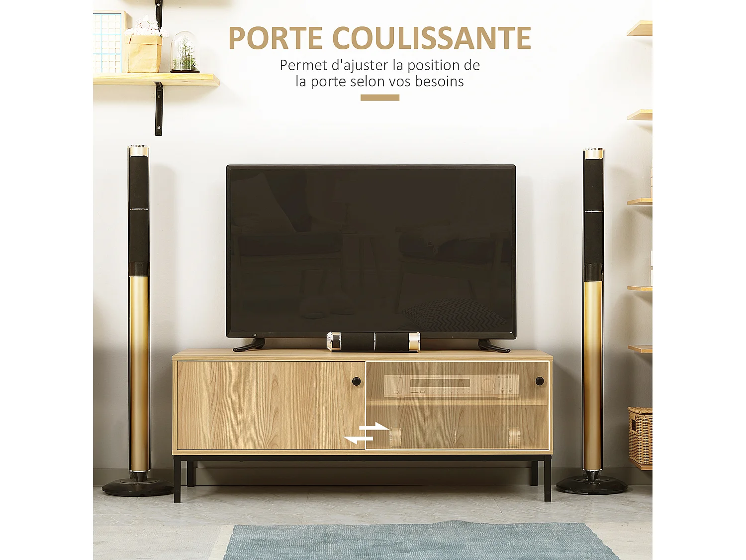 Meuble TV banc TV design industriel - porte coulissante, 2 niches, 2 passe-fils - piètement métal noir panneaux aspect bois clair