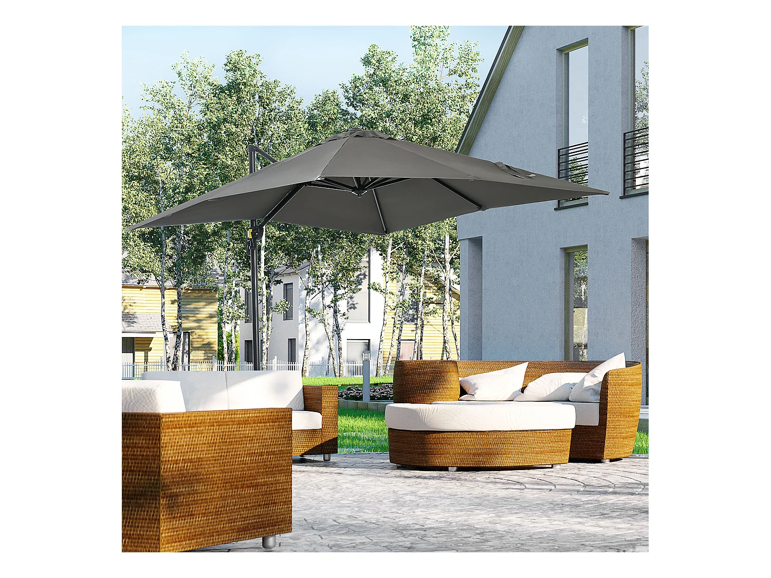 Parasol déporté carré inclinable manivelle avec pied en acier dim. 2,45L x 2,45l x 2,45H m métal alu. polyester haute densité gris