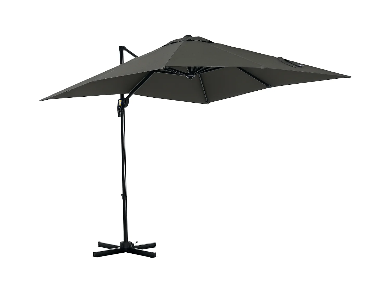 Parasol déporté carré inclinable manivelle avec pied en acier dim. 2,45L x 2,45l x 2,45H m métal alu. polyester haute densité gris