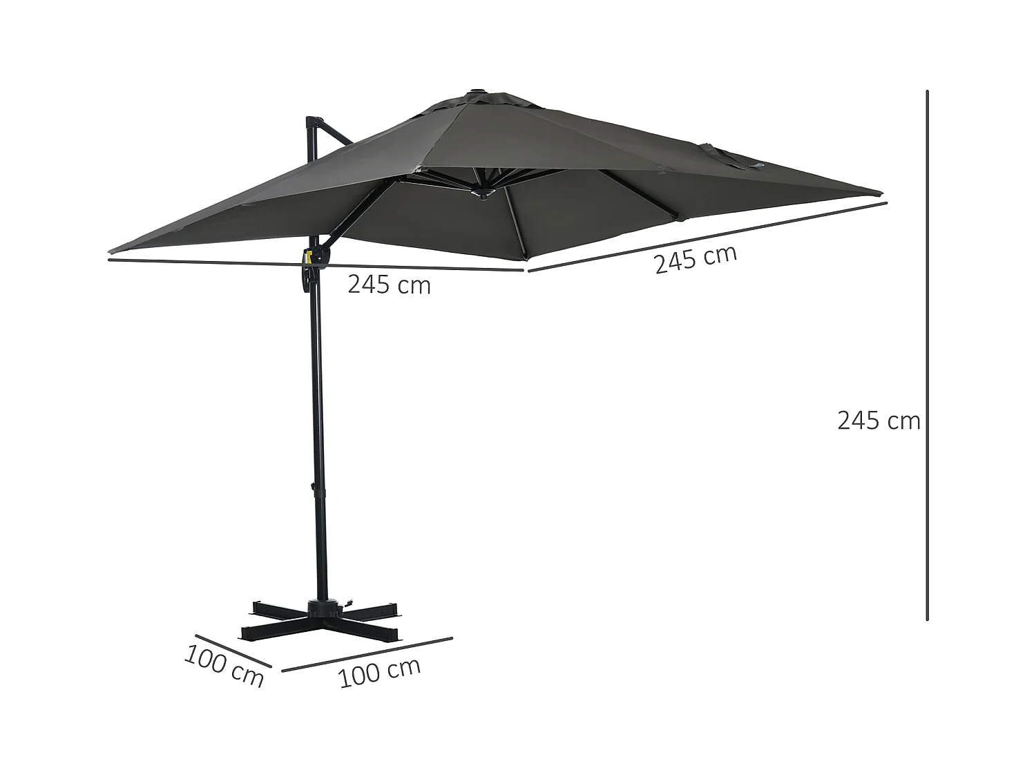 Parasol déporté carré inclinable manivelle avec pied en acier dim. 2,45L x 2,45l x 2,45H m métal alu. polyester haute densité gris