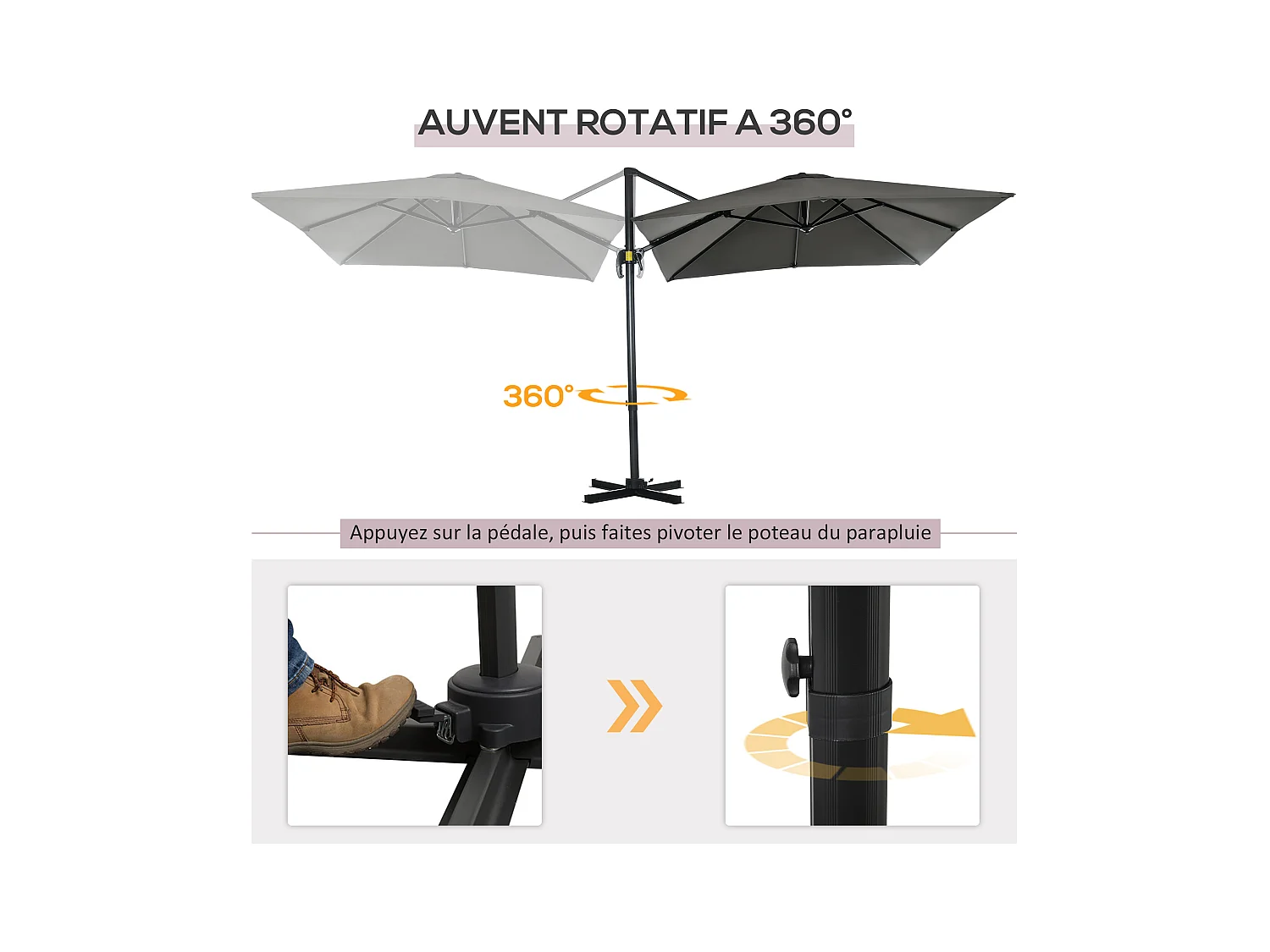 Parasol déporté carré inclinable manivelle avec pied en acier dim. 2,45L x 2,45l x 2,45H m métal alu. polyester haute densité gris