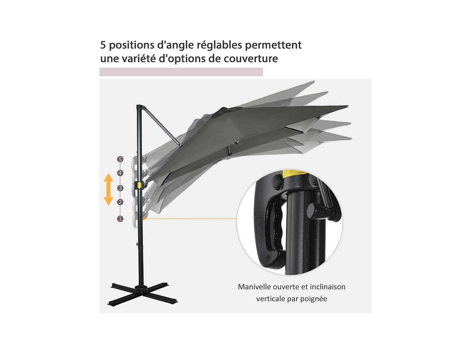 Parasol déporté carré inclinable manivelle avec pied en acier dim. 2,45L x 2,45l x 2,45H m métal alu. polyester haute densité gris
