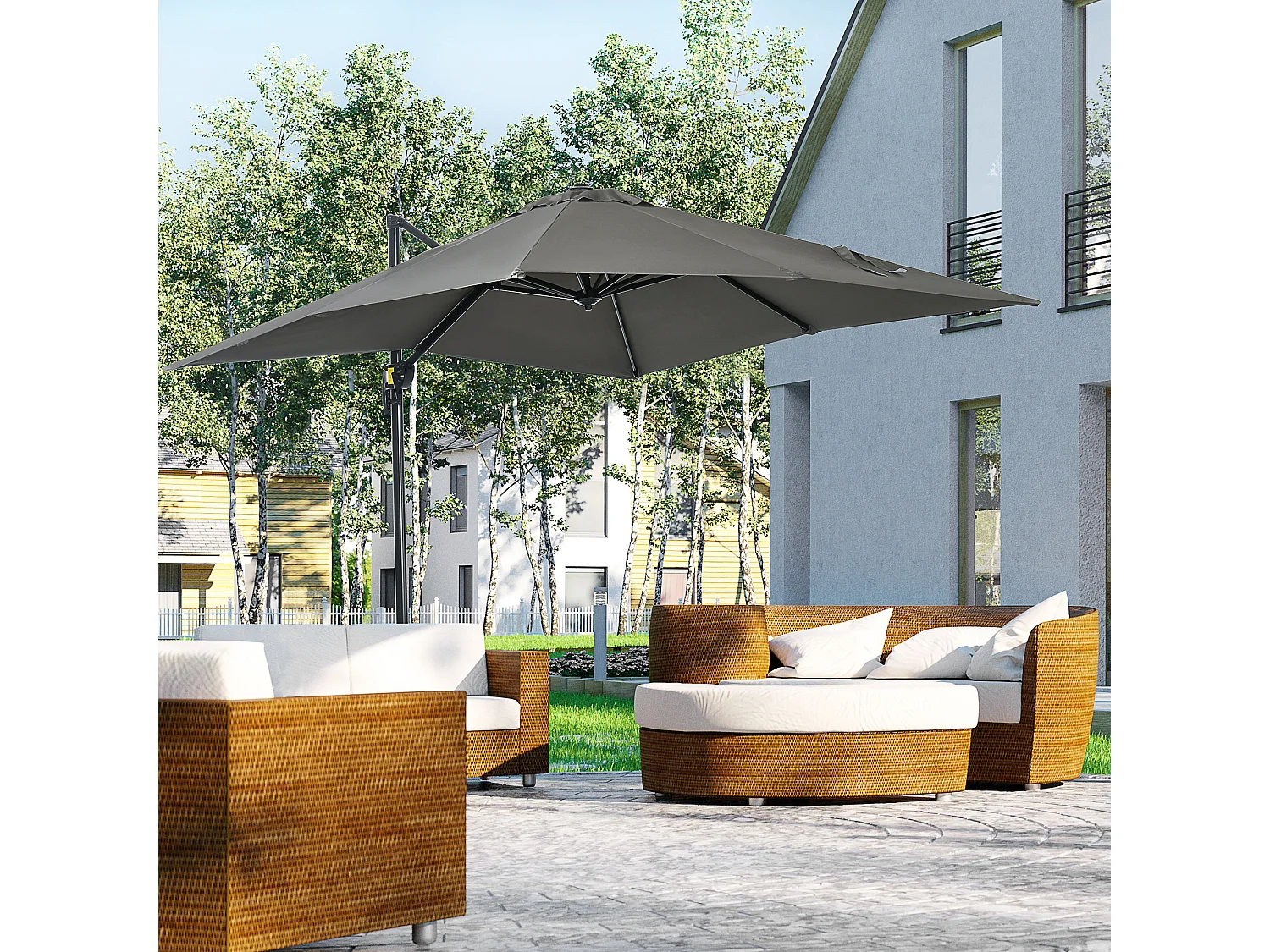 Parasol déporté carré inclinable manivelle avec pied en acier dim. 2,45L x 2,45l x 2,45H m métal alu. polyester haute densité gris