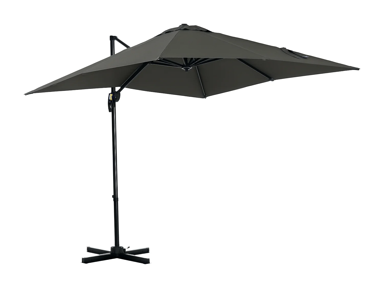 Parasol déporté carré inclinable manivelle avec pied en acier dim. 2,45L x 2,45l x 2,45H m métal alu. polyester haute densité gris