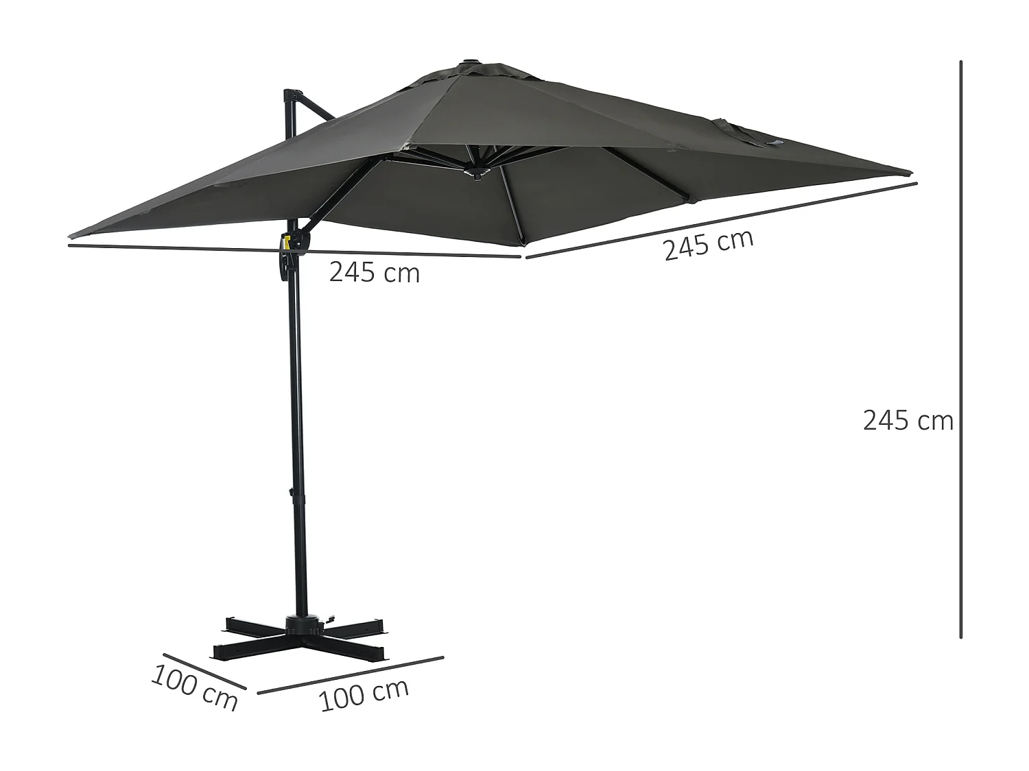 Parasol déporté carré inclinable manivelle avec pied en acier dim. 2,45L x 2,45l x 2,45H m métal alu. polyester haute densité gris