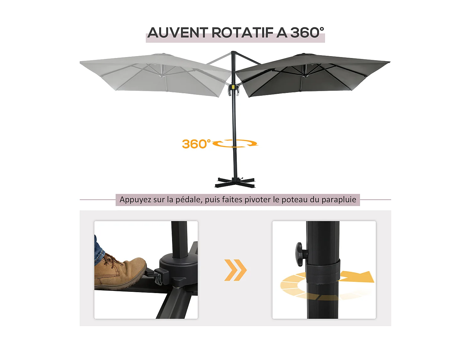 Parasol déporté carré inclinable manivelle avec pied en acier dim. 2,45L x 2,45l x 2,45H m métal alu. polyester haute densité gris