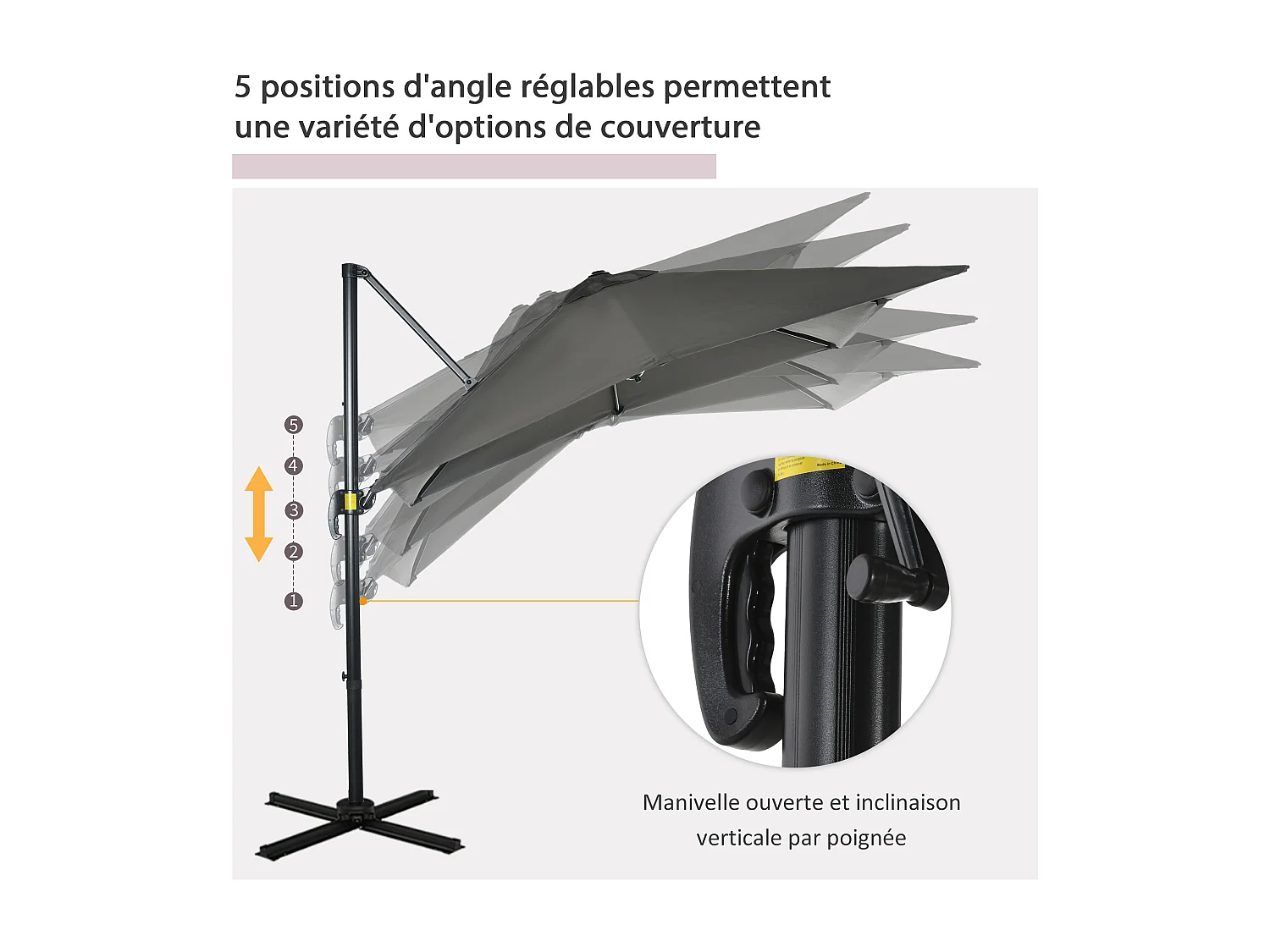 Parasol déporté carré inclinable manivelle avec pied en acier dim. 2,45L x 2,45l x 2,45H m métal alu. polyester haute densité gris