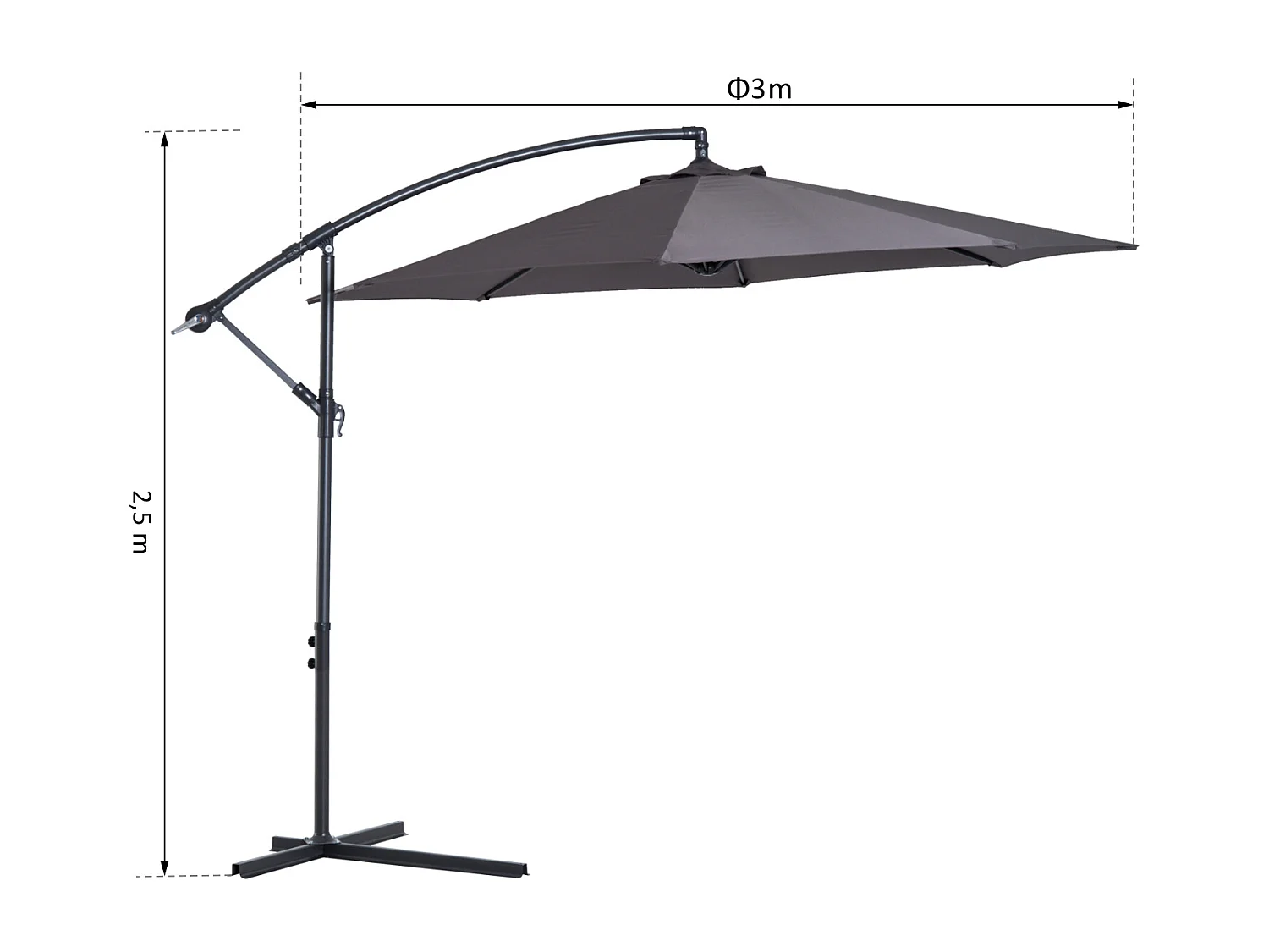 Parasol déporté octogonal inclinable manivelle pied acier Ø 3 x 2,5H m gris