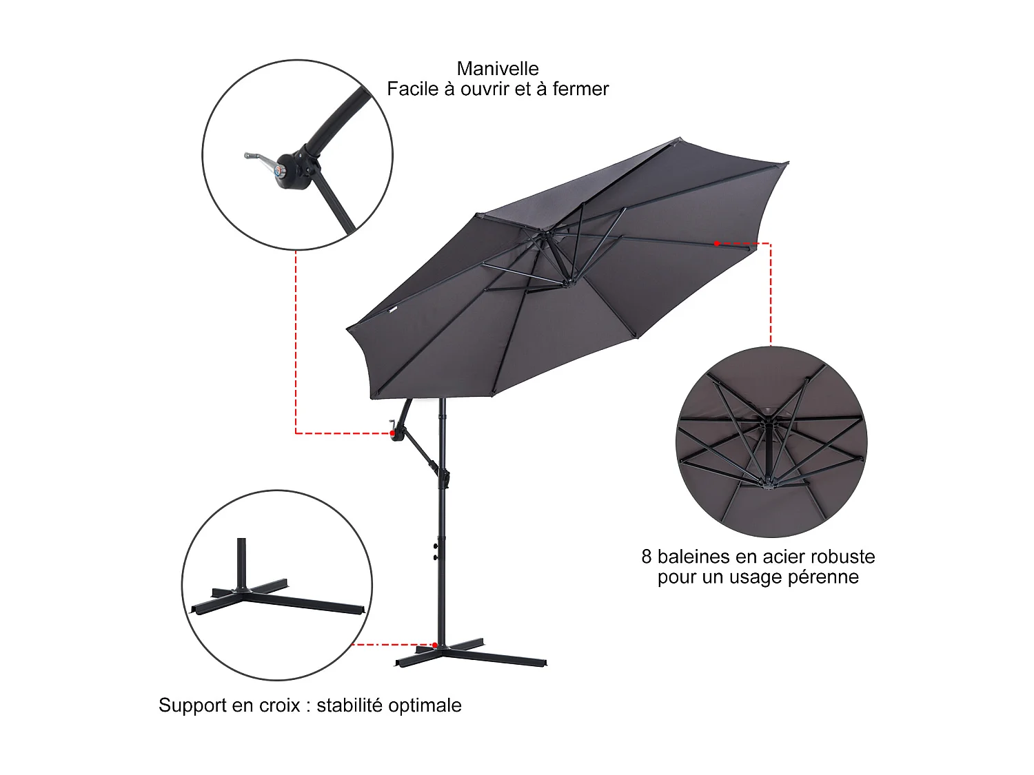 Parasol déporté octogonal inclinable manivelle pied acier Ø 3 x 2,5H m gris