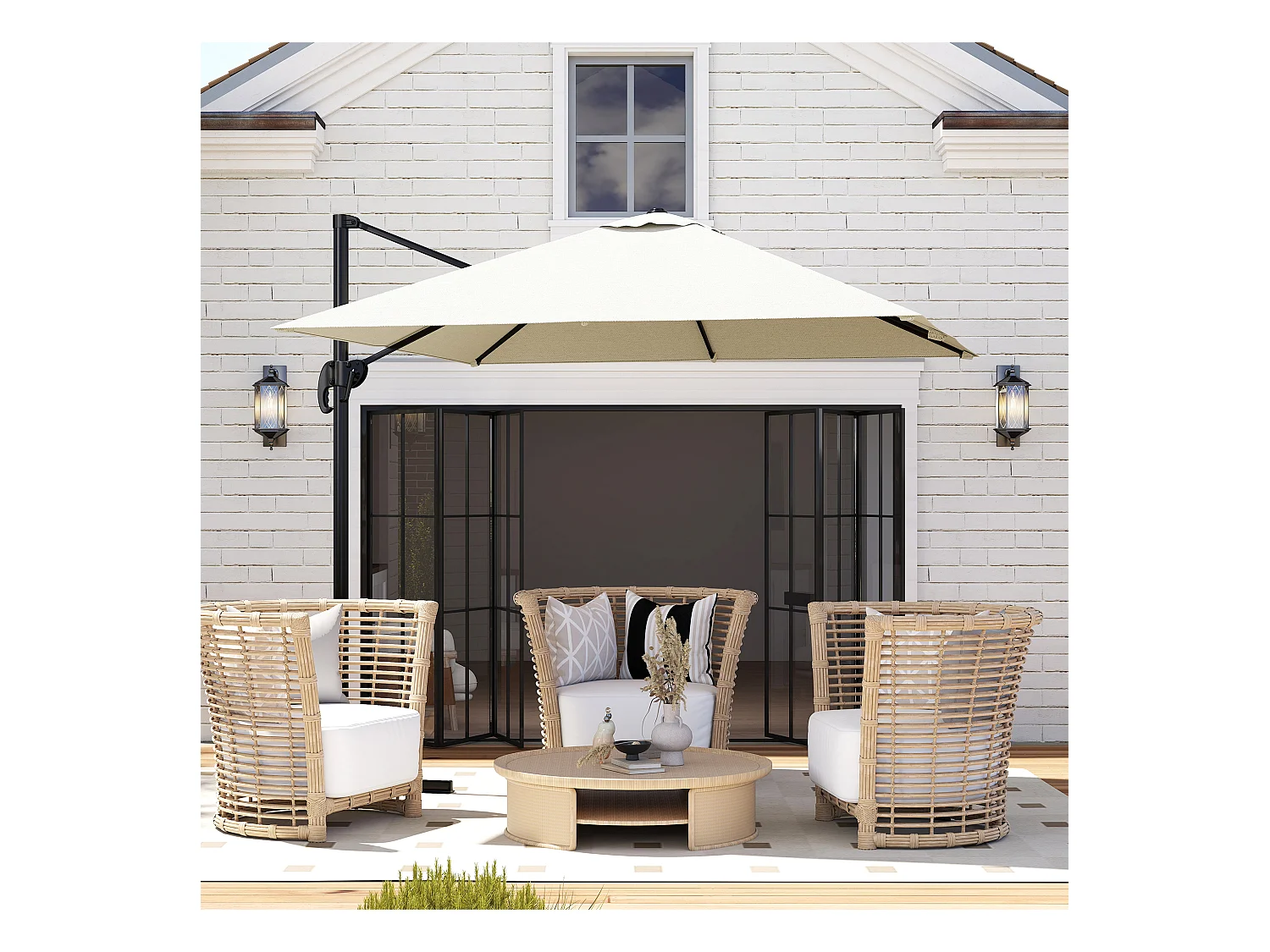 Parasol déporté carré inclinable manivelle avec pied en acier dim. 2,45L x 2,45l x 2,45H m métal alu. polyester haute densité beige
