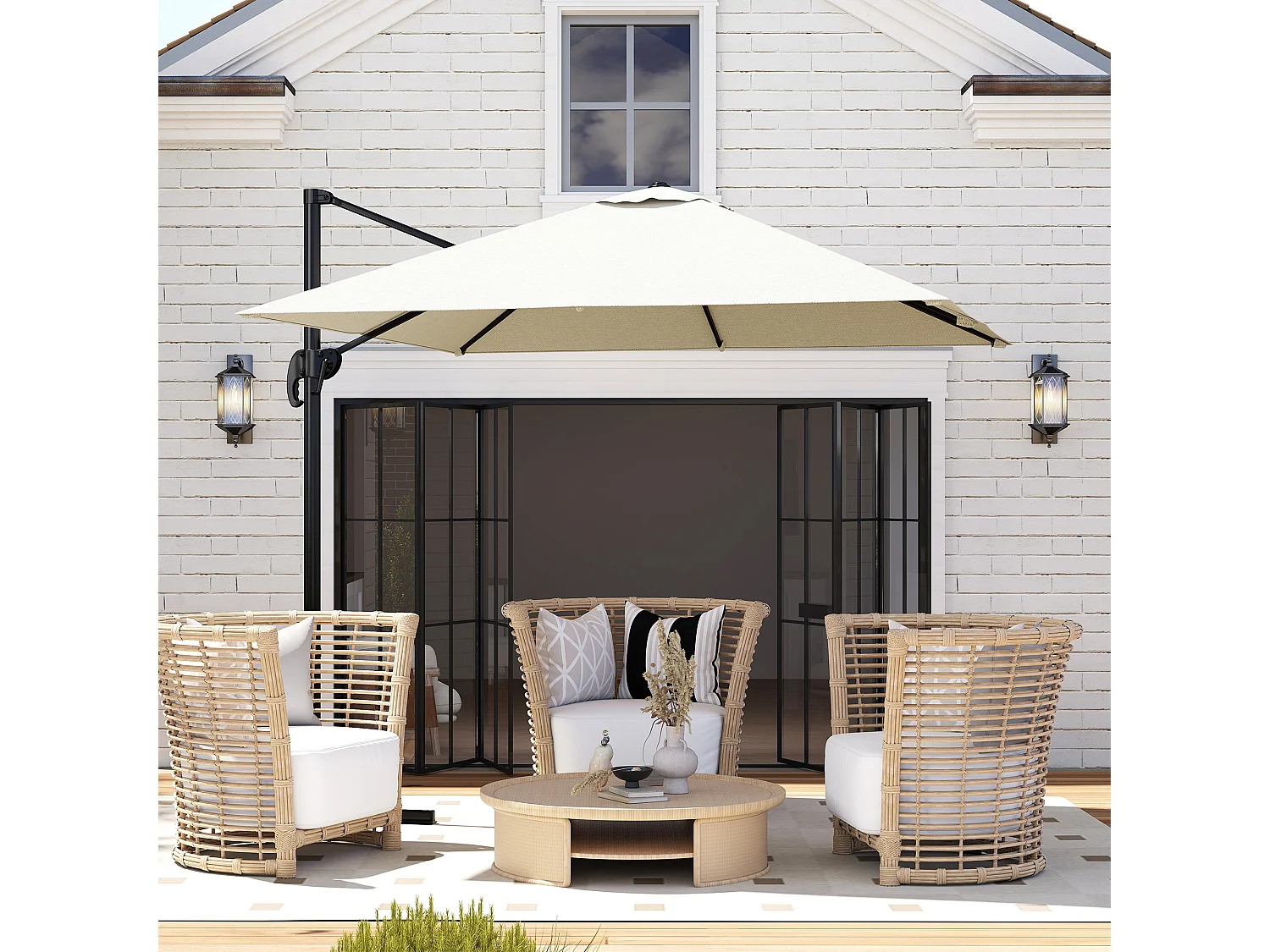 Parasol déporté carré inclinable manivelle avec pied en acier dim. 2,45L x 2,45l x 2,45H m métal alu. polyester haute densité beige