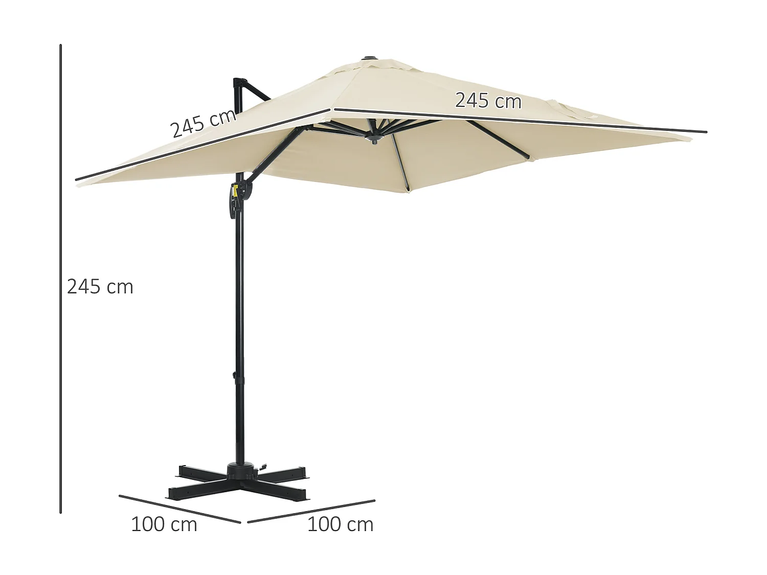 Parasol déporté carré inclinable manivelle avec pied en acier dim. 2,45L x 2,45l x 2,45H m métal alu. polyester haute densité beige
