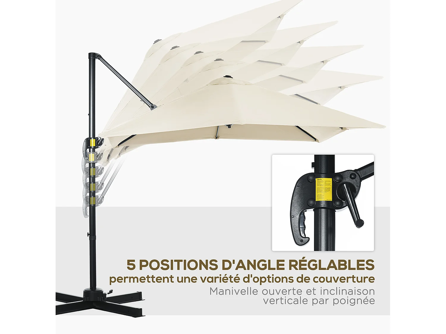 Parasol déporté carré inclinable manivelle avec pied en acier dim. 2,45L x 2,45l x 2,45H m métal alu. polyester haute densité beige