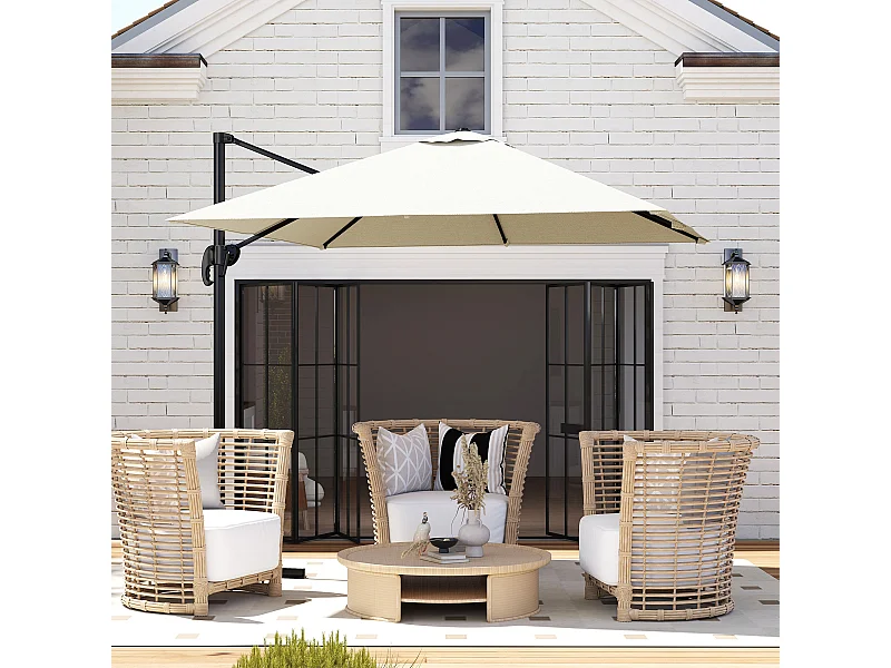 Parasol déporté carré inclinable manivelle avec pied en acier dim. 2,45L x 2,45l x 2,45H m métal alu. polyester haute densité beige