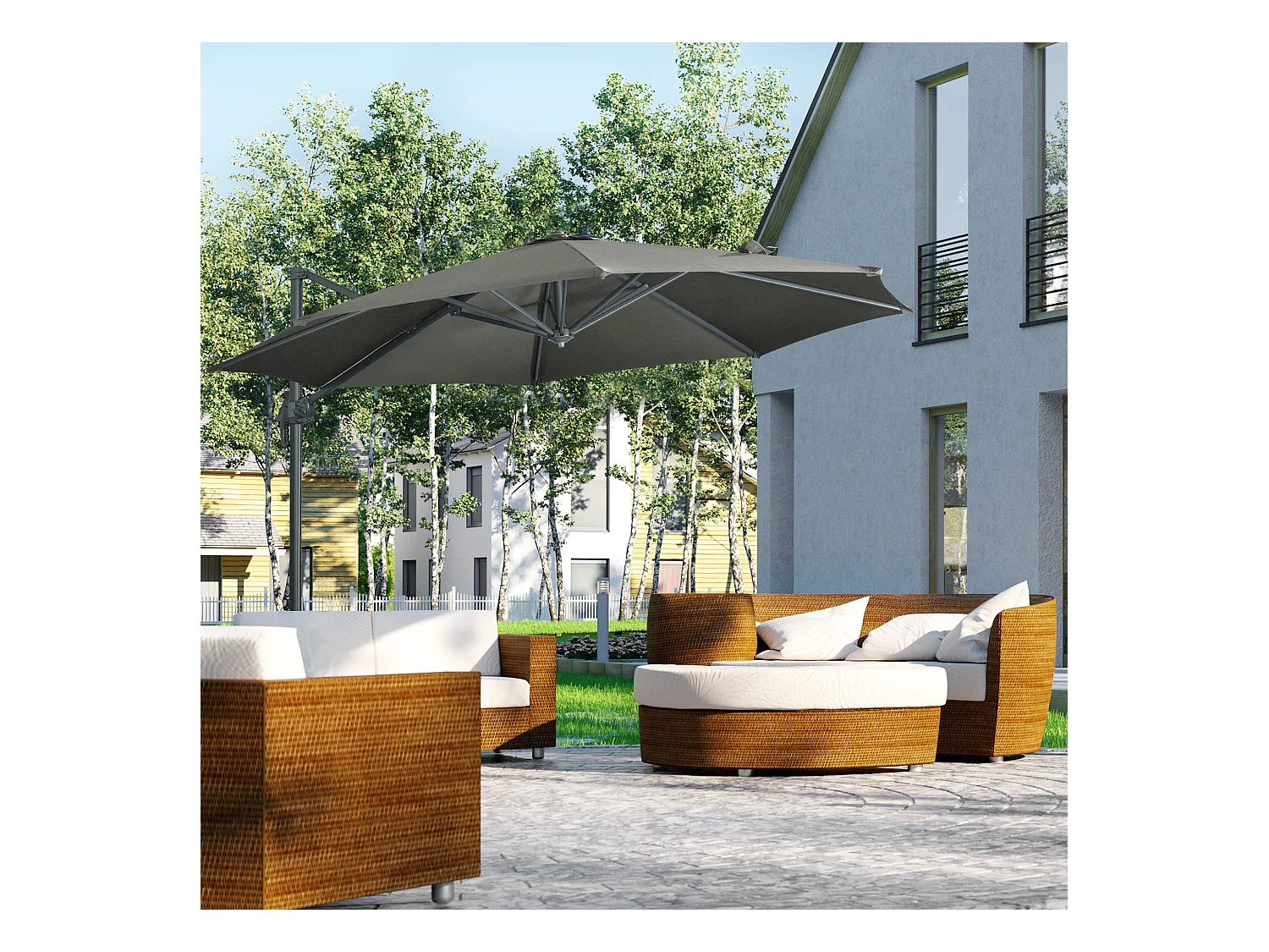 Parasol déporté octogonal inclinable manivelle avec pied en acier Ø 2,94 x 2,48H m gris