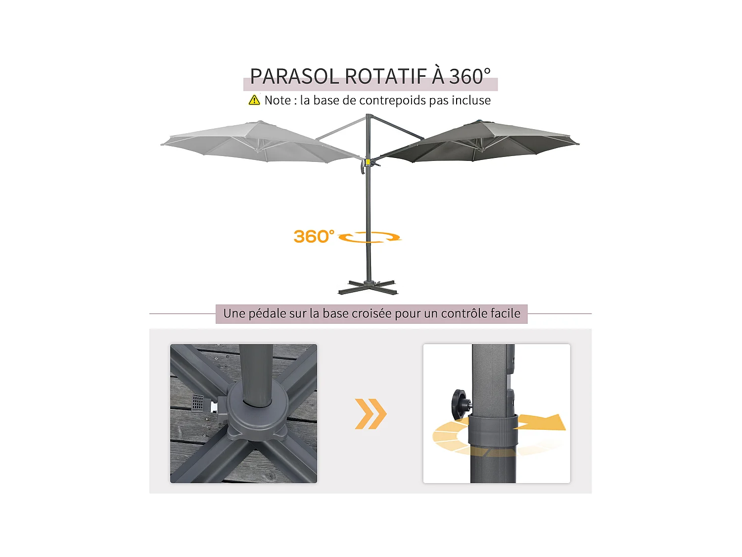 Parasol déporté octogonal inclinable manivelle avec pied en acier Ø 2,94 x 2,48H m gris