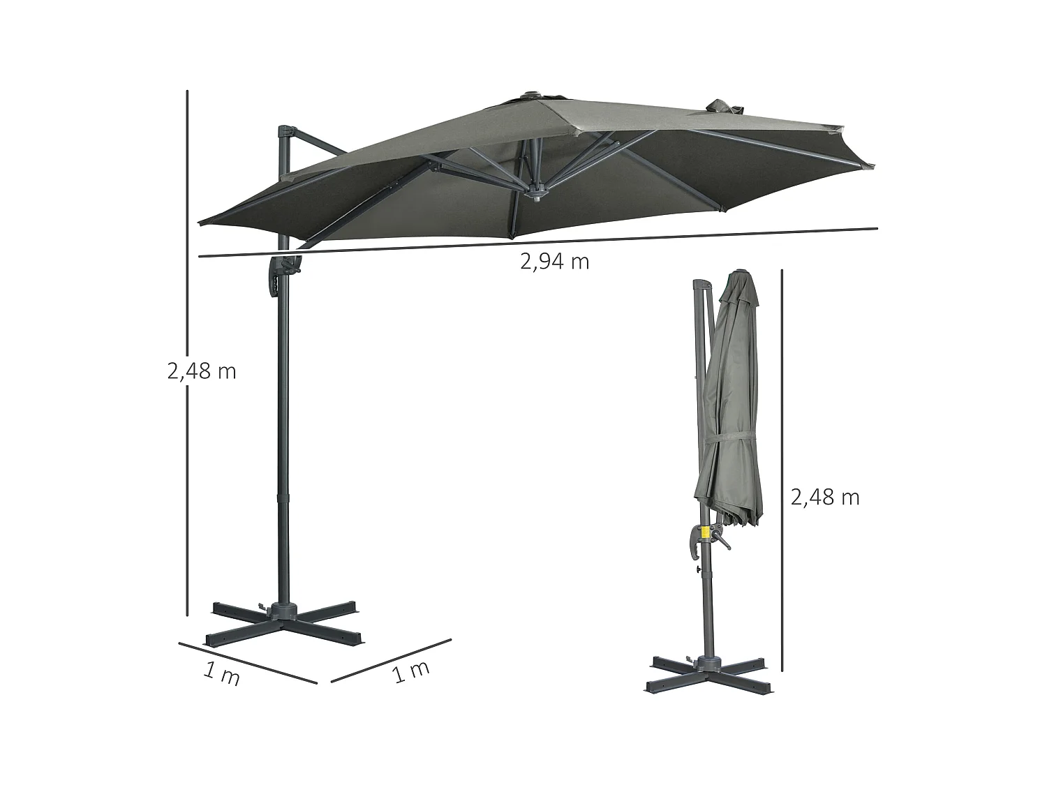 Parasol déporté octogonal inclinable manivelle avec pied en acier Ø 2,94 x 2,48H m gris