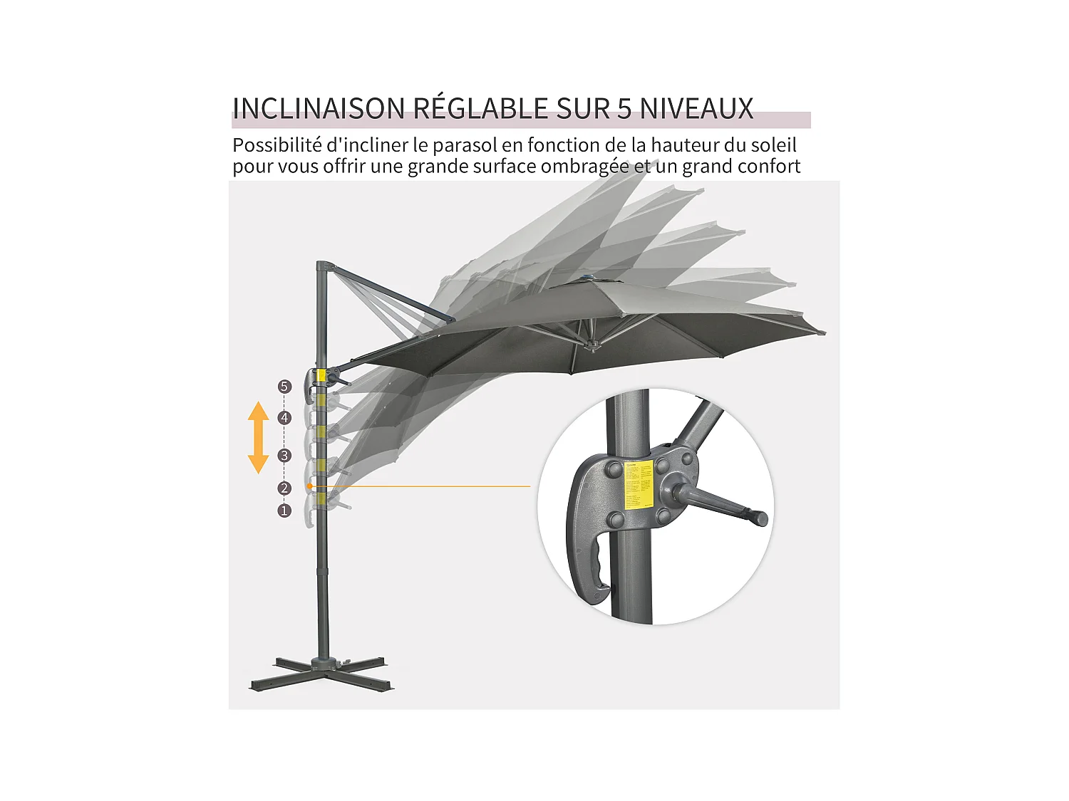 Parasol déporté octogonal inclinable manivelle avec pied en acier Ø 2,94 x 2,48H m gris