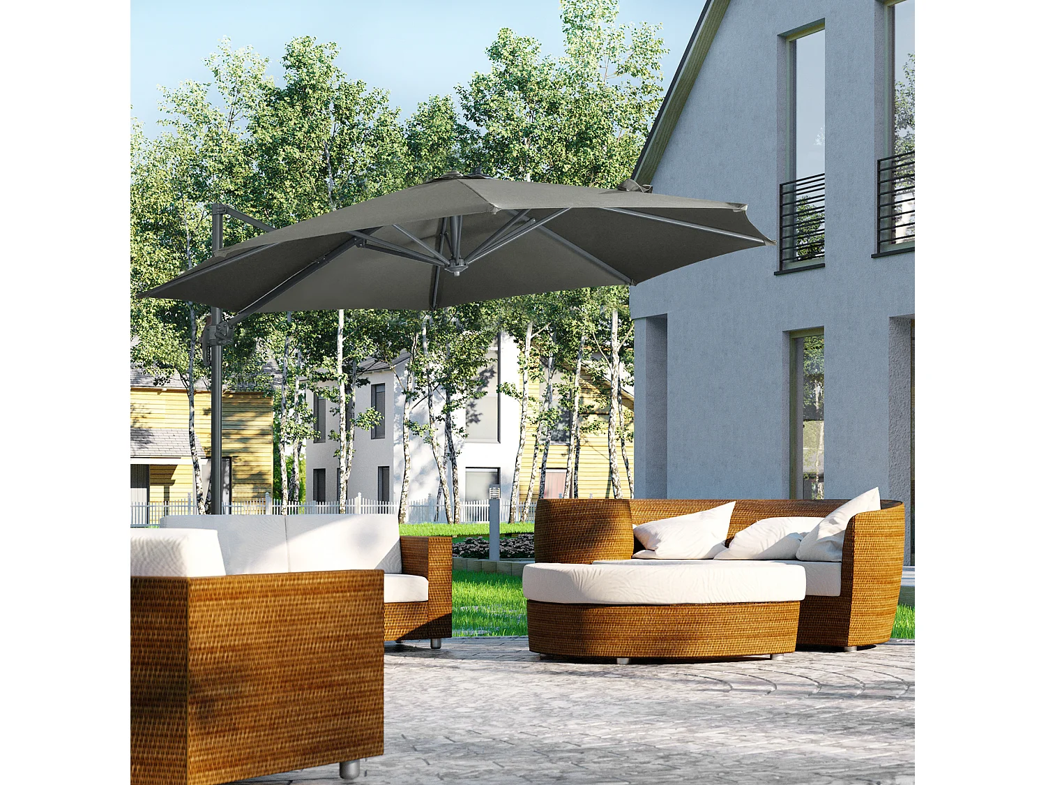 Parasol déporté octogonal inclinable manivelle avec pied en acier Ø 2,94 x 2,48H m gris