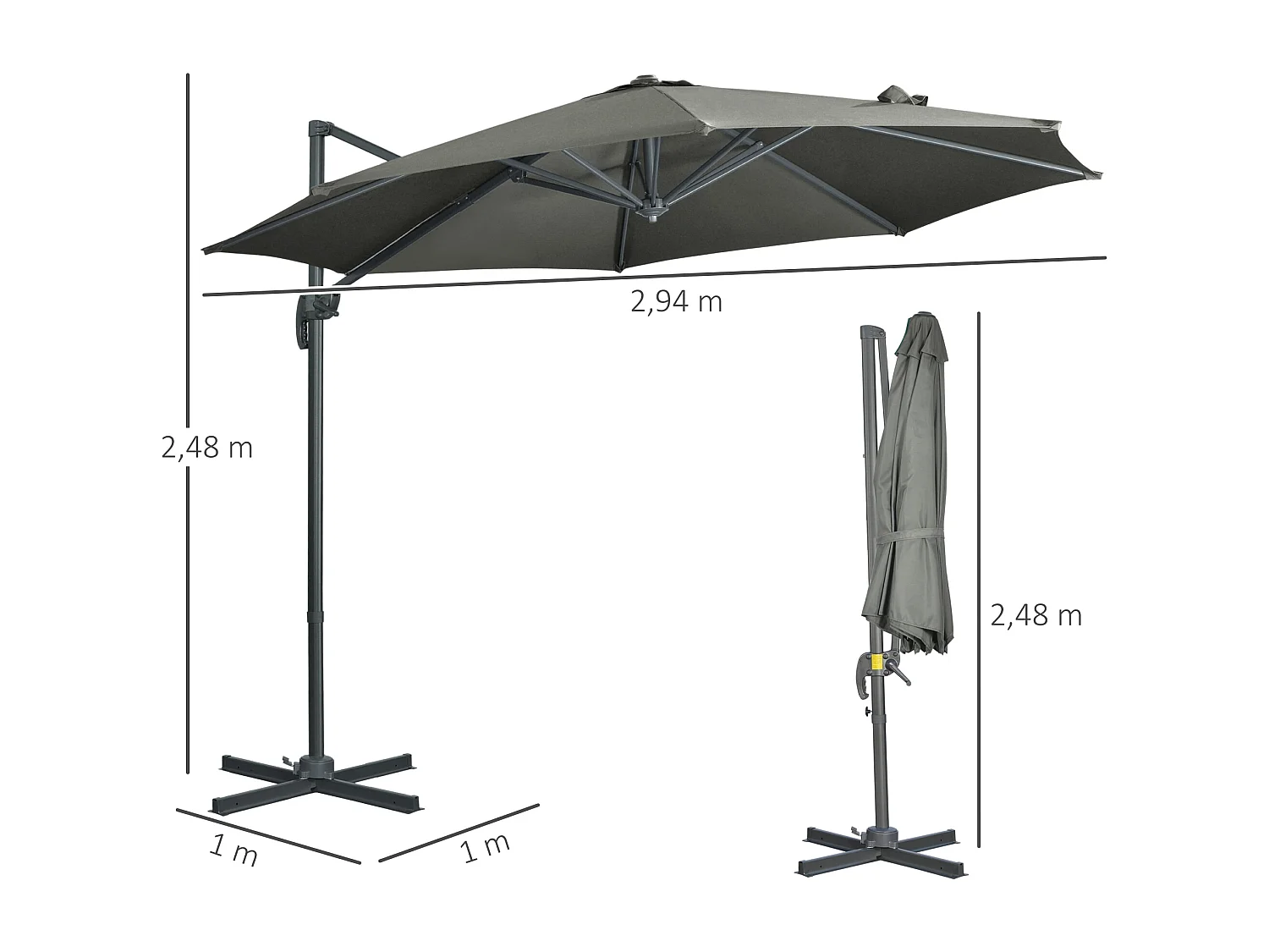 Parasol déporté octogonal inclinable manivelle avec pied en acier Ø 2,94 x 2,48H m gris