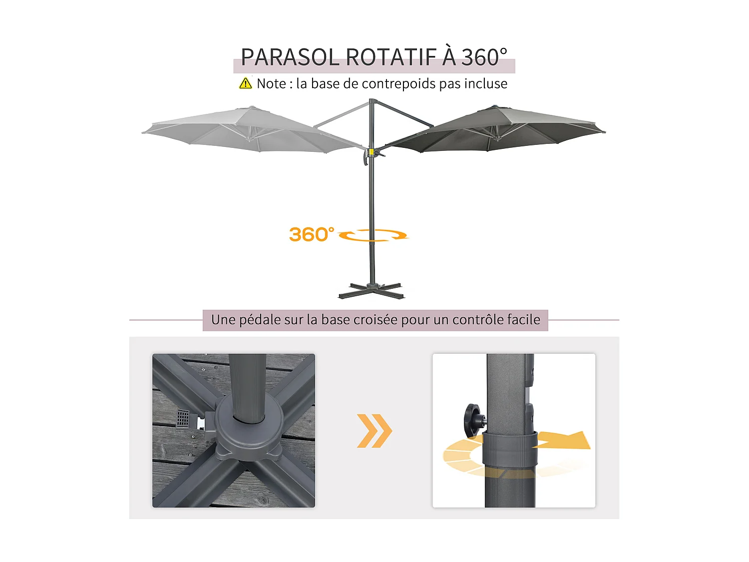 Parasol déporté octogonal inclinable manivelle avec pied en acier Ø 2,94 x 2,48H m gris