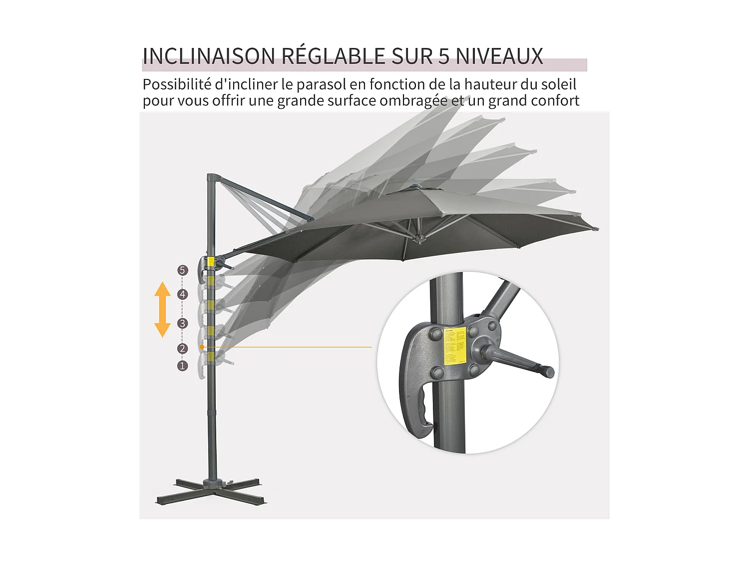 Parasol déporté octogonal inclinable manivelle avec pied en acier Ø 2,94 x 2,48H m gris