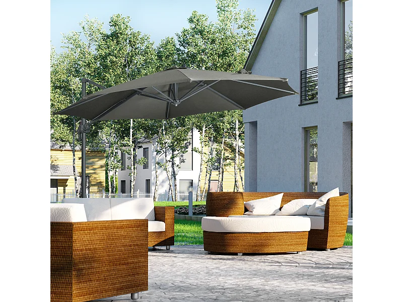 Parasol déporté octogonal inclinable manivelle avec pied en acier Ø 2,94 x 2,48H m gris
