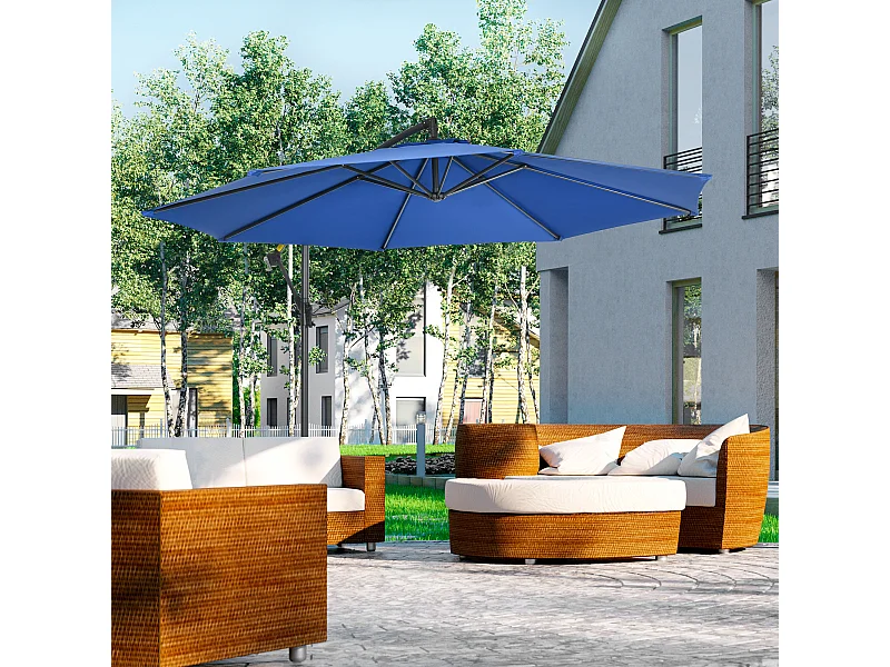 Parasol déporté octogonal inclinable rabattable diamètre 2,97 m parasol de jardin avec pied en croix bleu