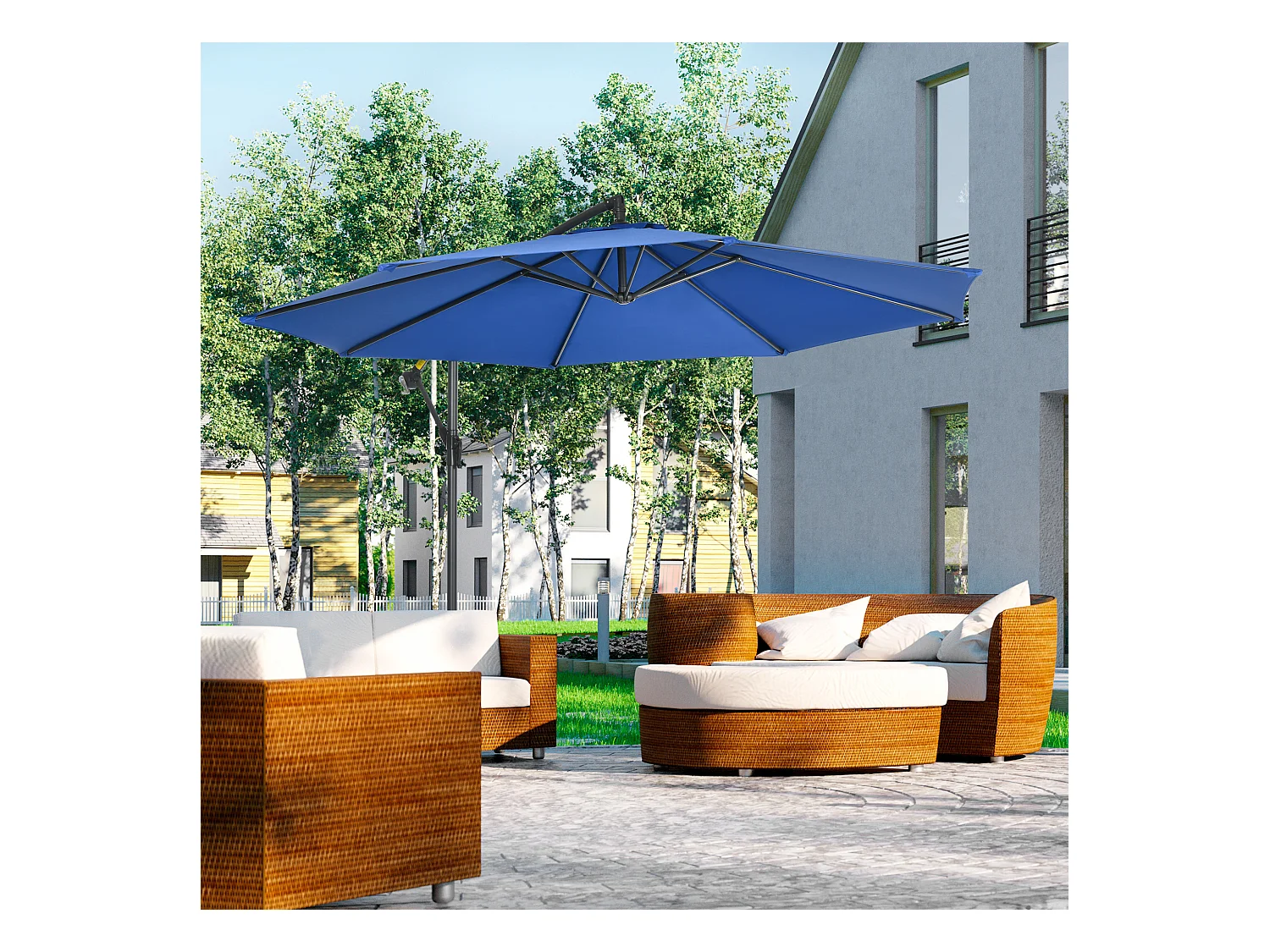 Parasol déporté octogonal inclinable rabattable diamètre 2,97 m parasol de jardin avec pied en croix bleu