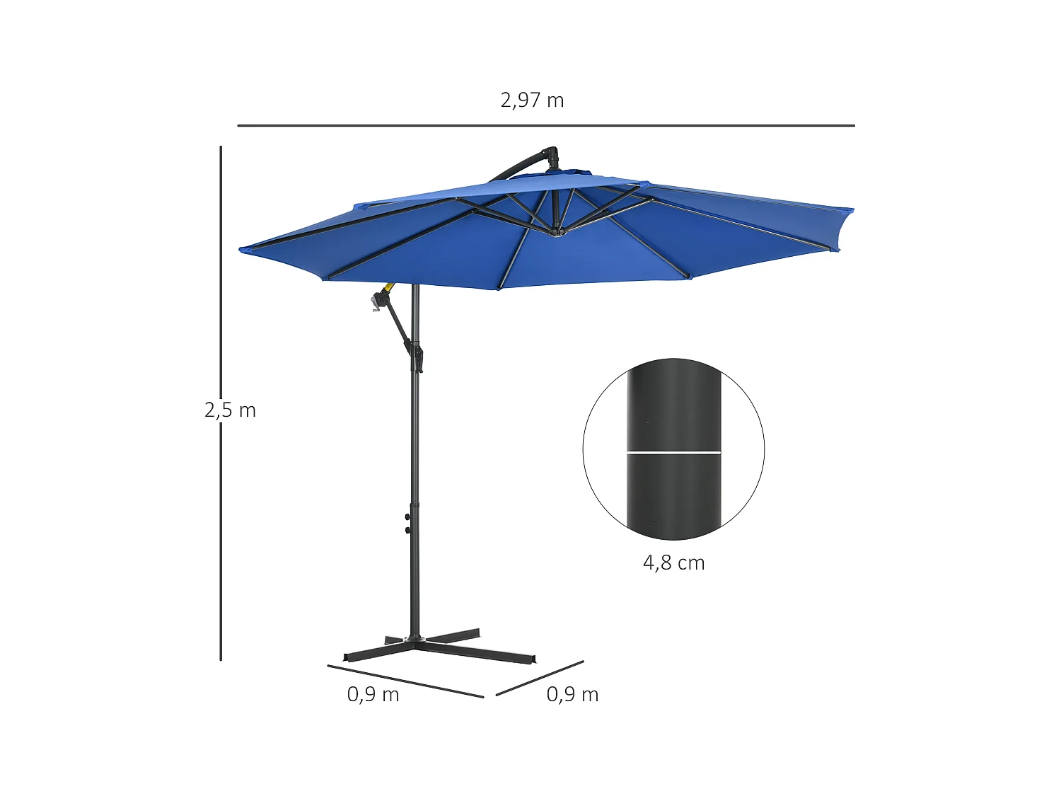 Parasol déporté octogonal inclinable rabattable diamètre 2,97 m parasol de jardin avec pied en croix bleu