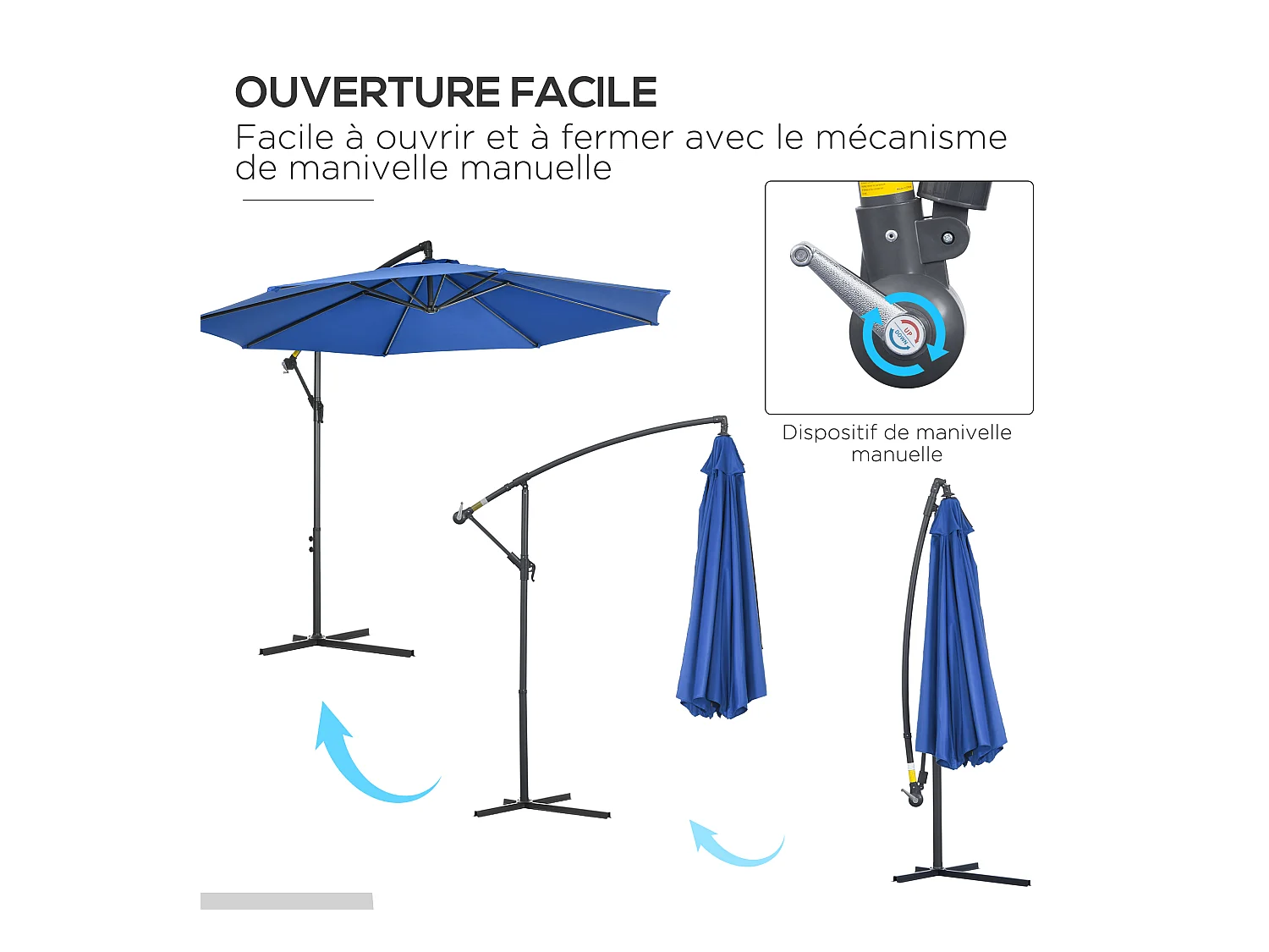 Parasol déporté octogonal inclinable rabattable diamètre 2,97 m parasol de jardin avec pied en croix bleu