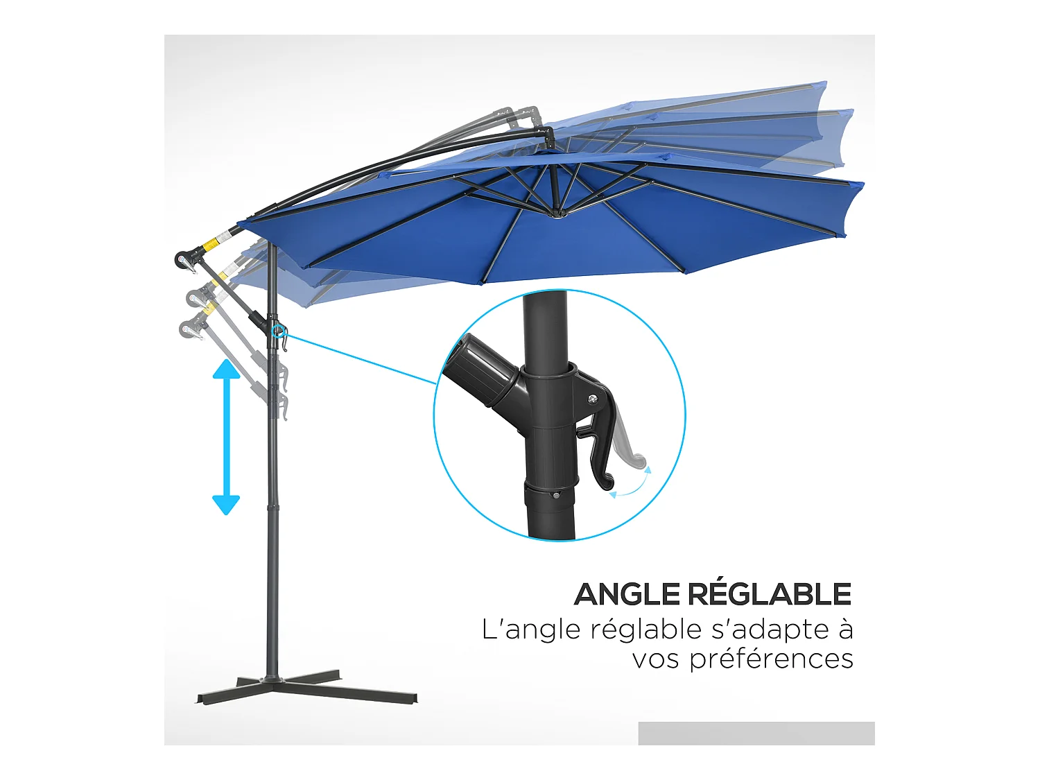 Parasol déporté octogonal inclinable rabattable diamètre 2,97 m parasol de jardin avec pied en croix bleu