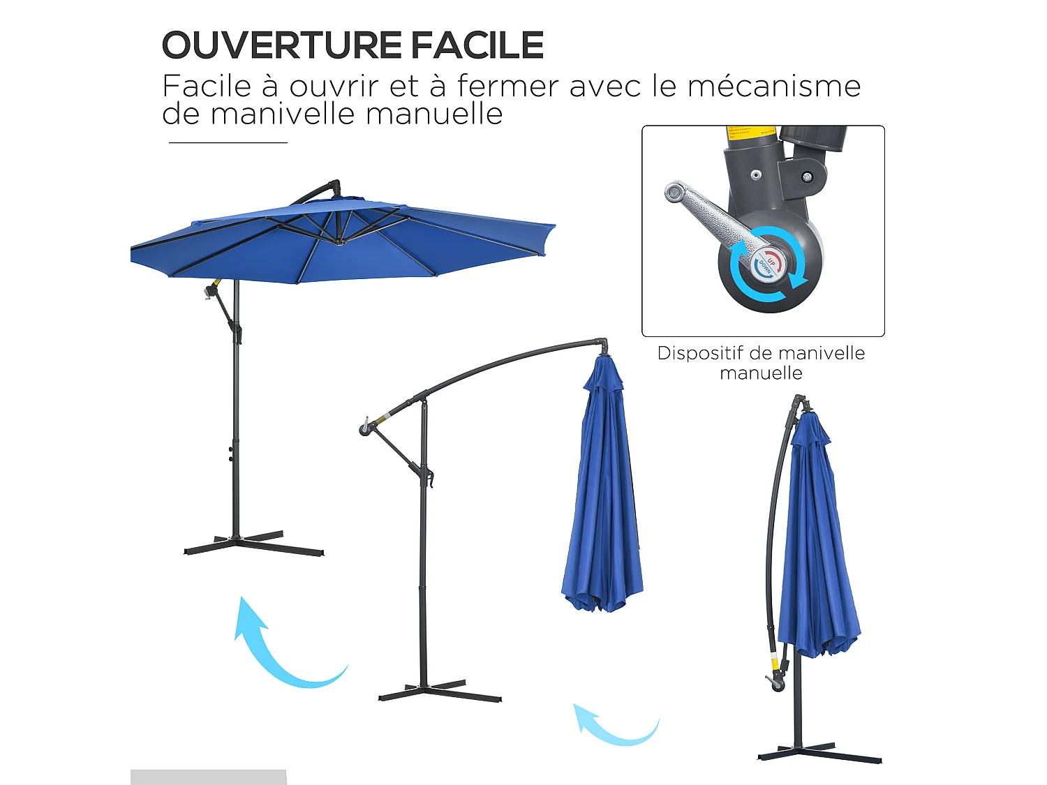 Parasol déporté octogonal inclinable rabattable diamètre 2,97 m parasol de jardin avec pied en croix bleu