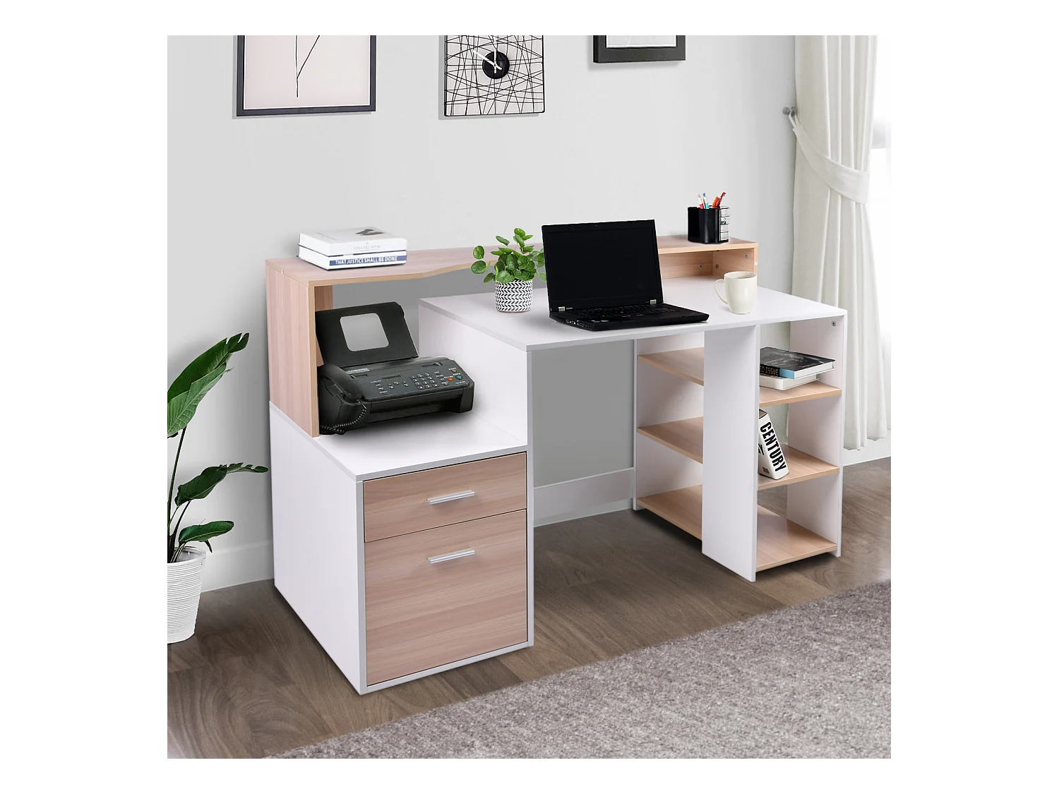 HOMCOM Bureau Informatique multimédia Design Multi-rangements 137 L x 55 l x 92 H cm chêne Blanc