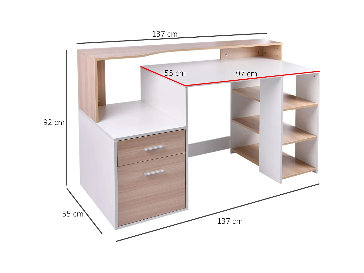 HOMCOM Bureau Informatique multimédia Design Multi-rangements 137 L x 55 l x 92 H cm chêne Blanc