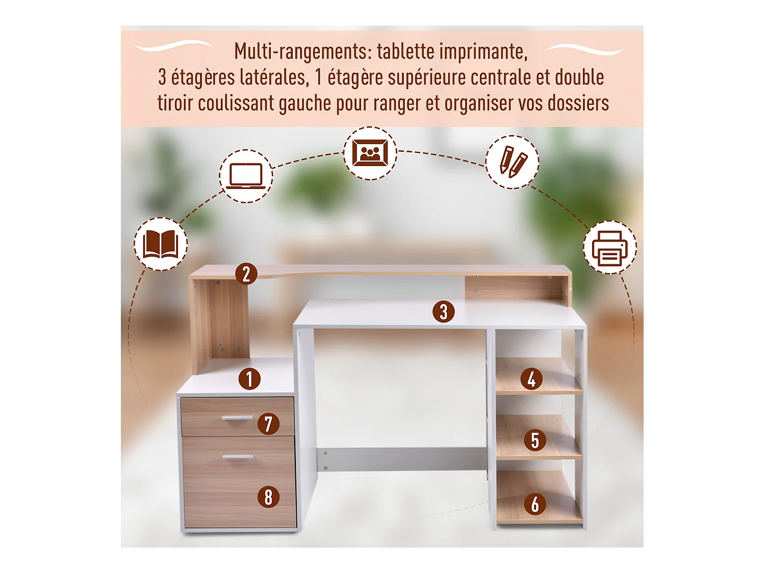 HOMCOM Bureau Informatique multimédia Design Multi-rangements 137 L x 55 l x 92 H cm chêne Blanc