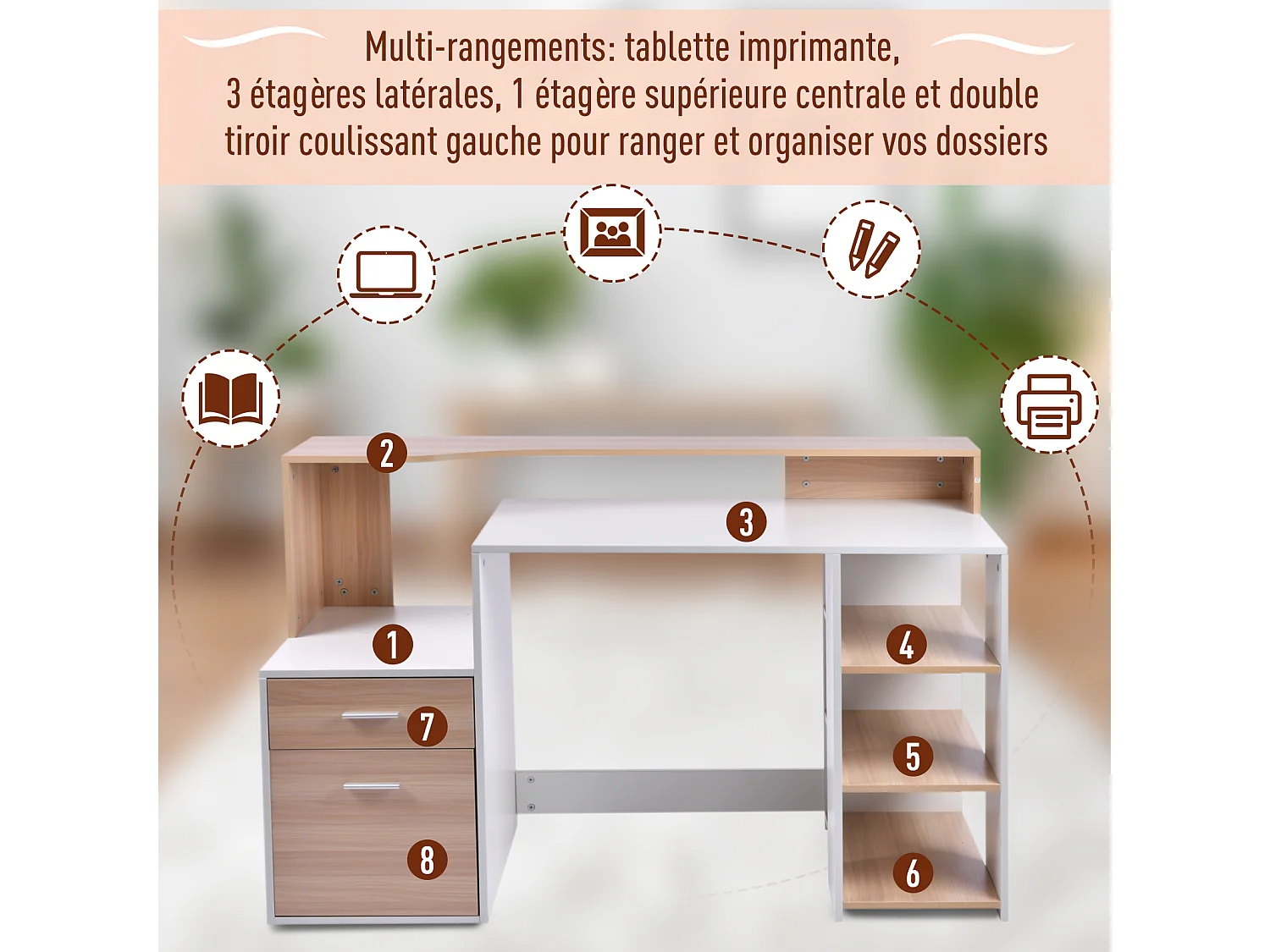 HOMCOM Bureau Informatique multimédia Design Multi-rangements 137 L x 55 l x 92 H cm chêne Blanc