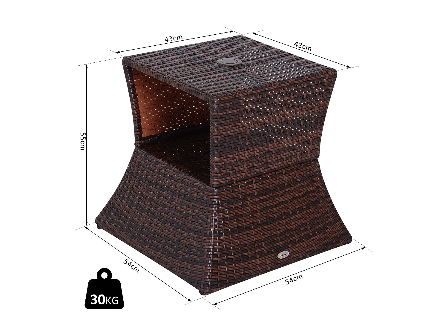 Pied de parasol table basse 2 en 1 étagère inférieure intégrée résine tressée imitation rotin PE dim. 54L x 54l x 55H cm marron