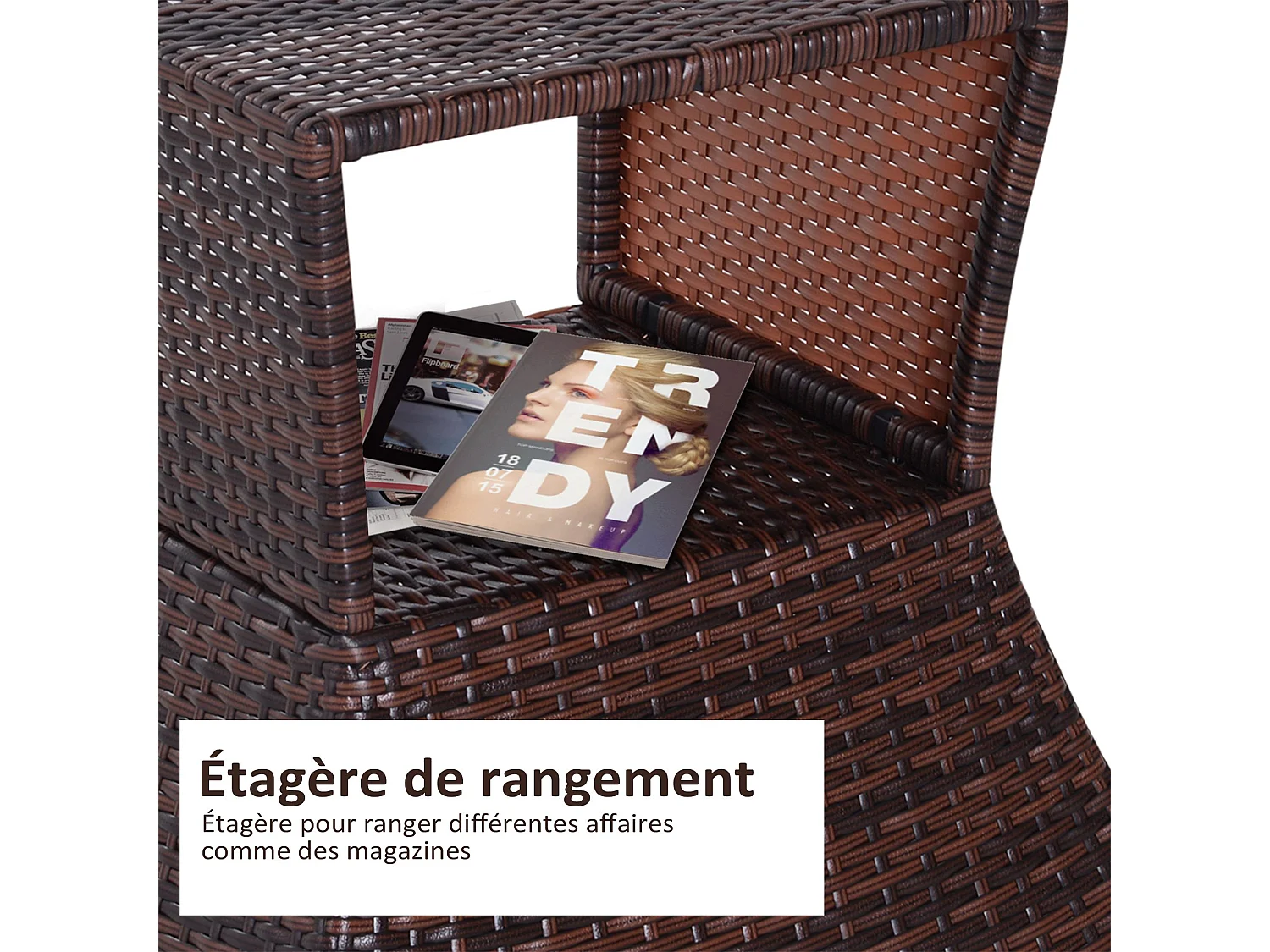 Pied de parasol table basse 2 en 1 étagère inférieure intégrée résine tressée imitation rotin PE dim. 54L x 54l x 55H cm marron