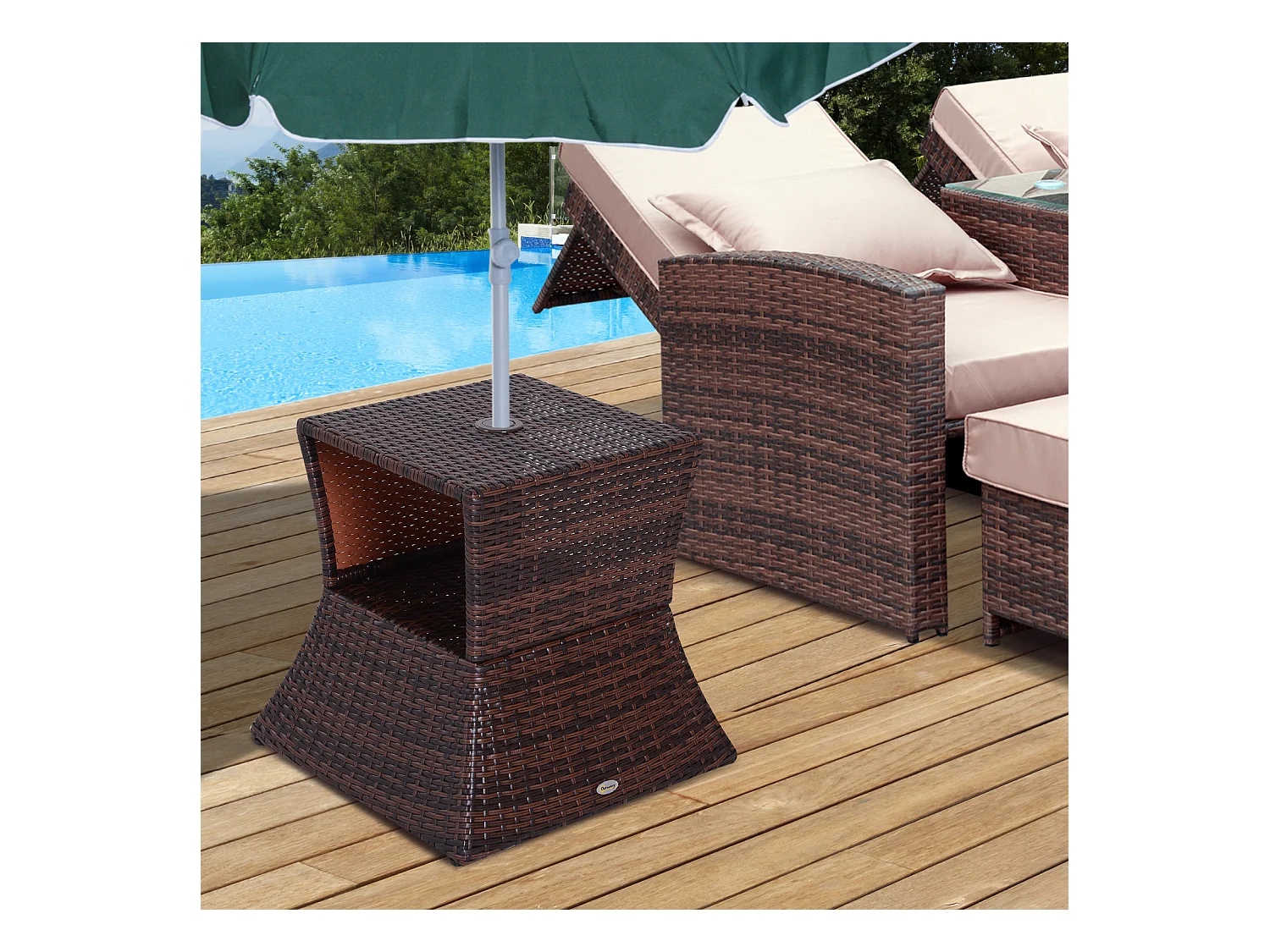 Pied de parasol table basse 2 en 1 étagère inférieure intégrée résine tressée imitation rotin PE dim. 54L x 54l x 55H cm marron
