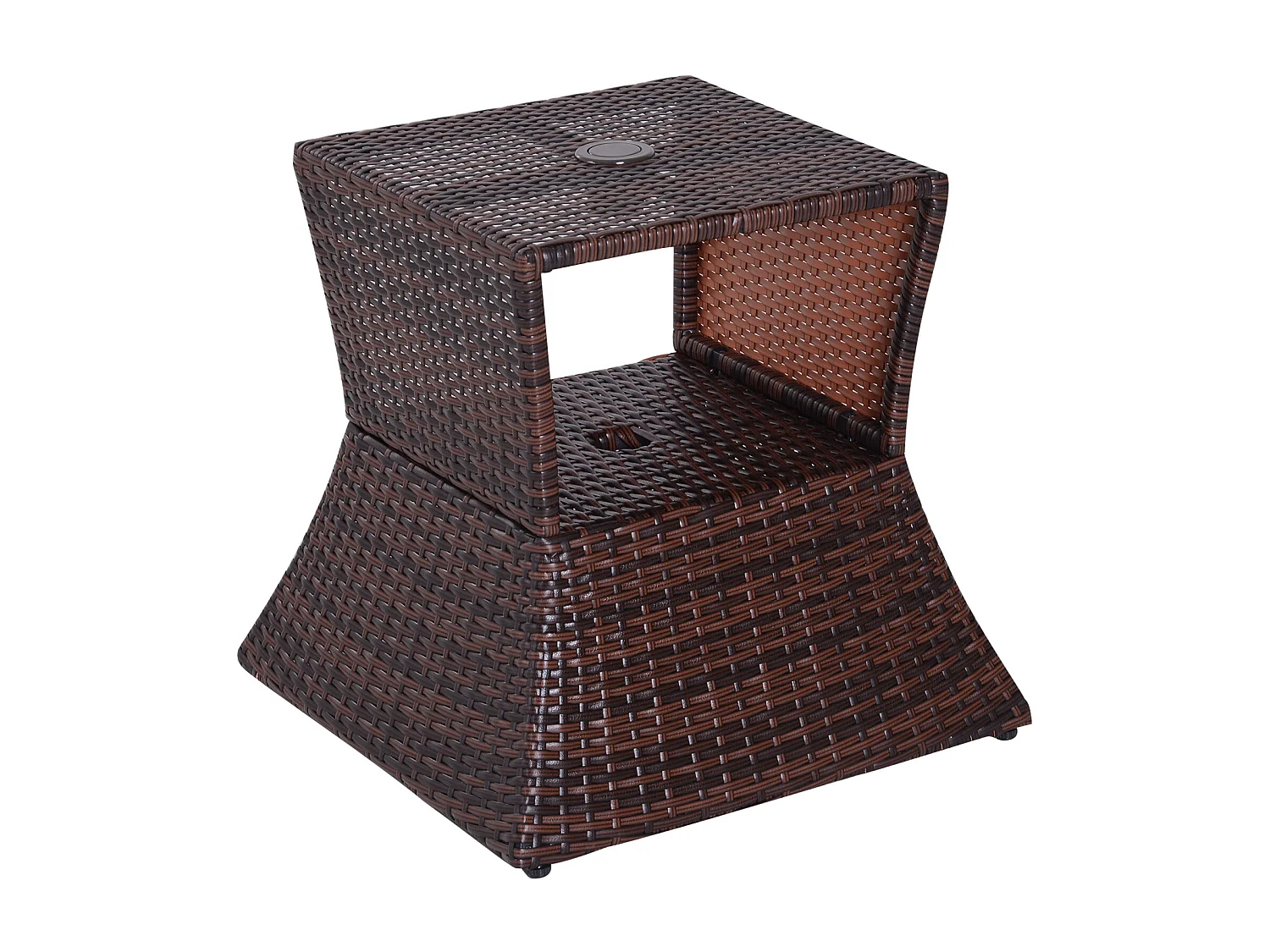 Pied de parasol table basse 2 en 1 étagère inférieure intégrée résine tressée imitation rotin PE dim. 54L x 54l x 55H cm marron
