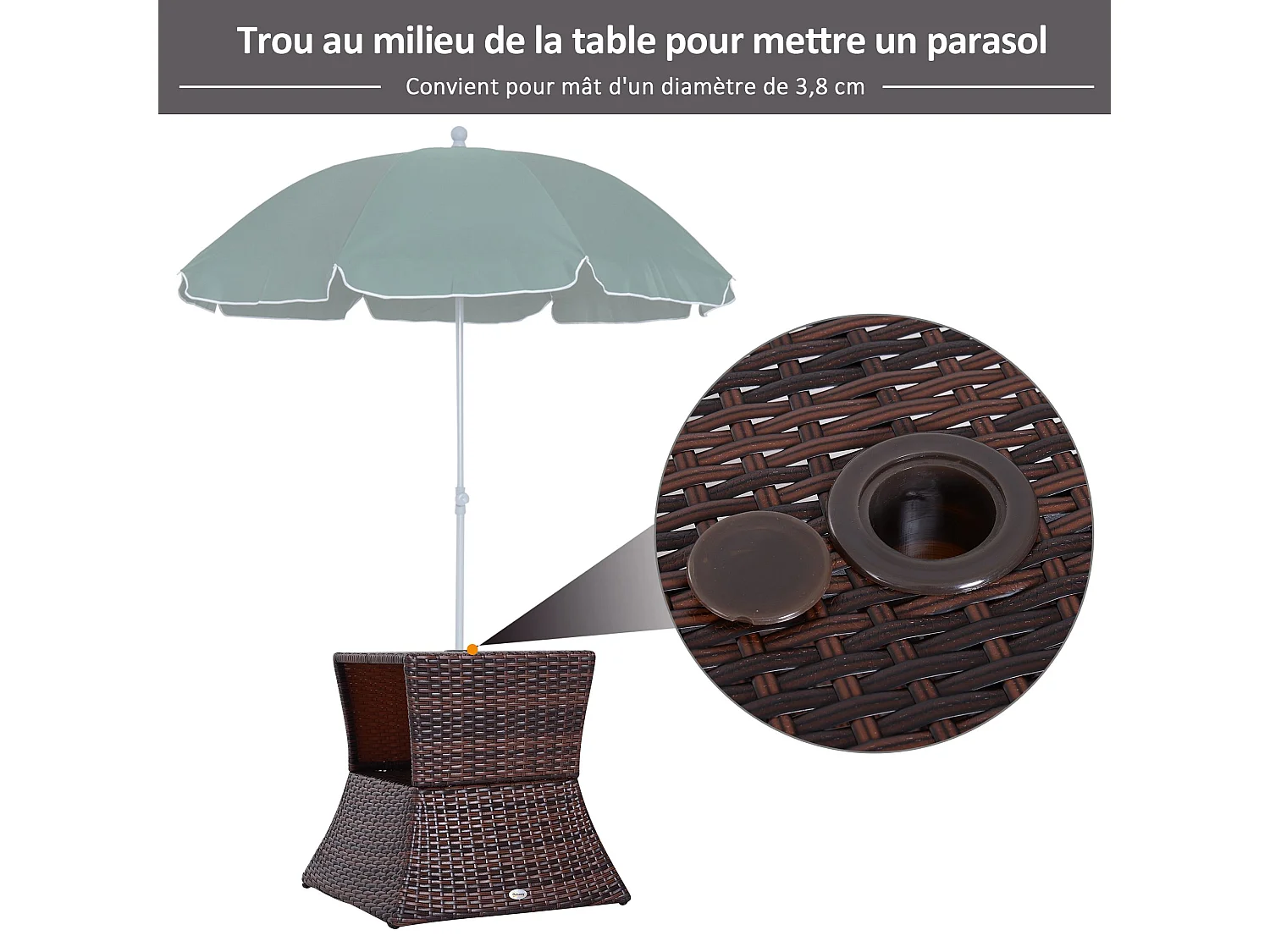 Pied de parasol table basse 2 en 1 étagère inférieure intégrée résine tressée imitation rotin PE dim. 54L x 54l x 55H cm marron