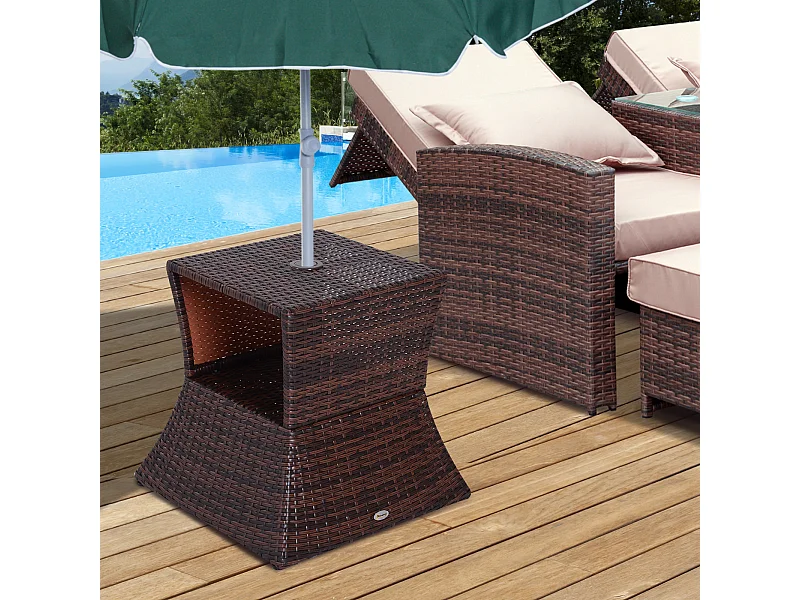 Pied de parasol table basse 2 en 1 étagère inférieure intégrée résine tressée imitation rotin PE dim. 54L x 54l x 55H cm marron